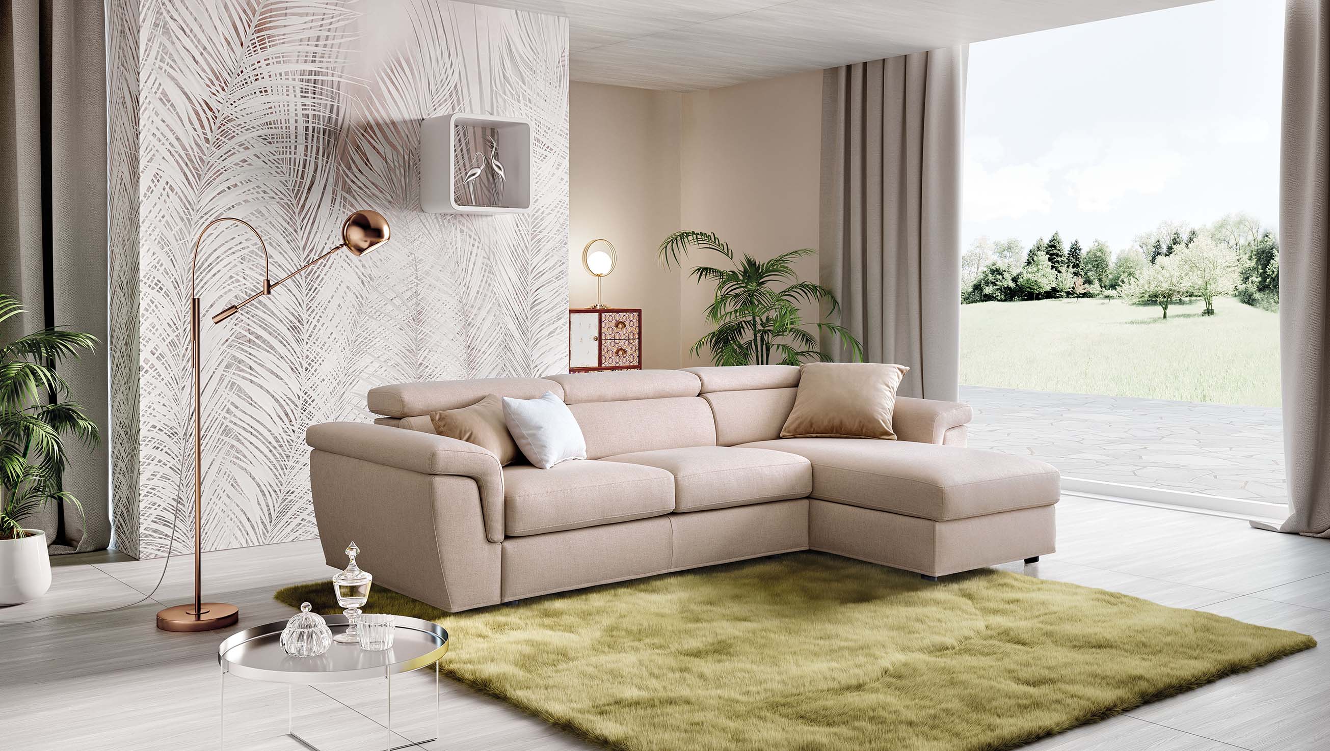 Classic and elegant sofa in a corner composition. Adjustable headrests and low feet