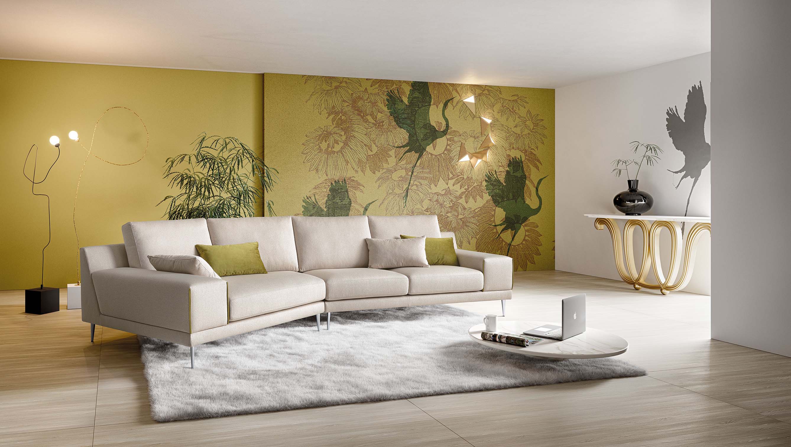 Modern living room furnished with a cream-colored sofa adorned with an olive green border and cushions of the same color