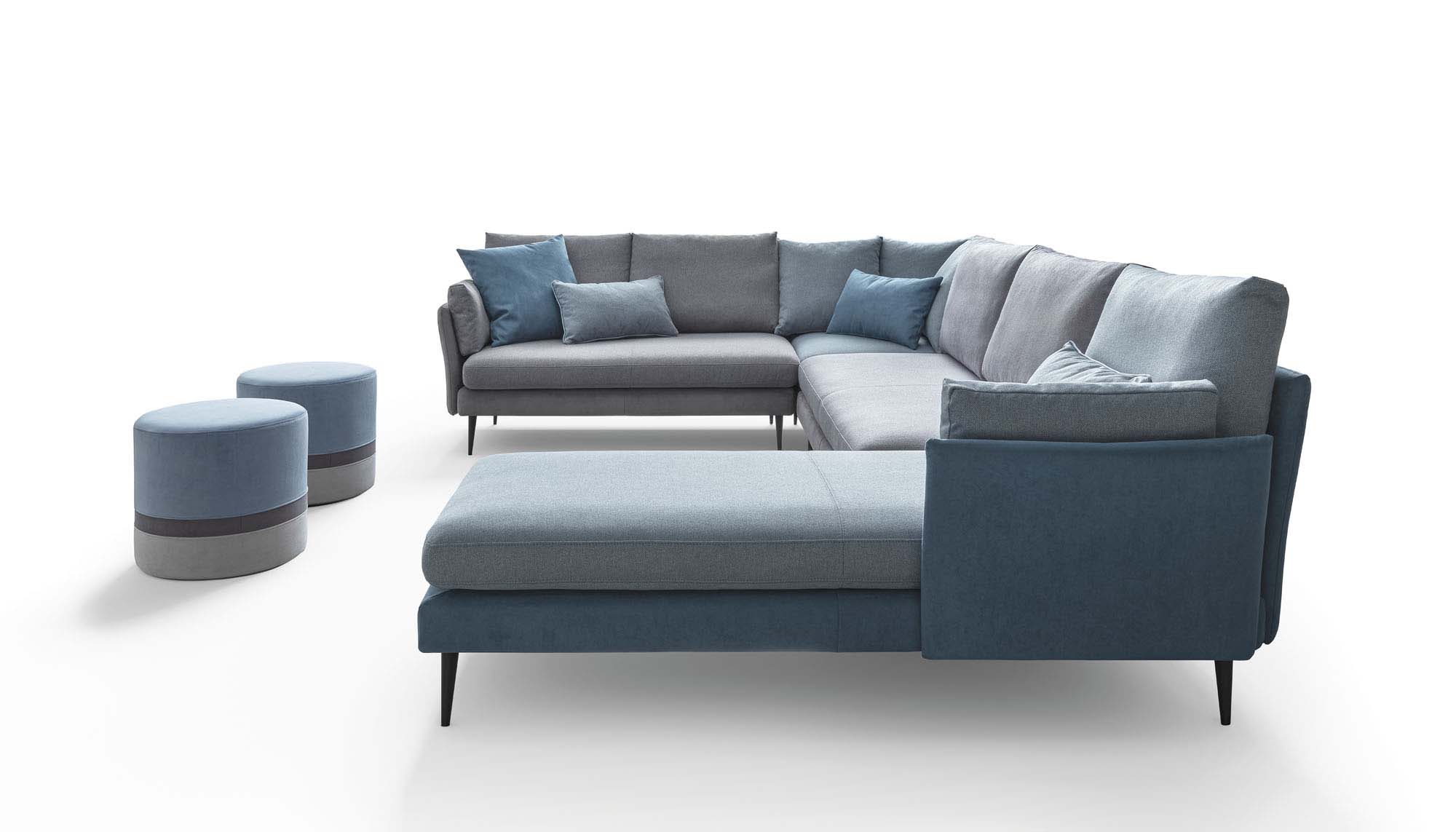 Grey and light blue U-shaped sofa with chaise longue and corner section