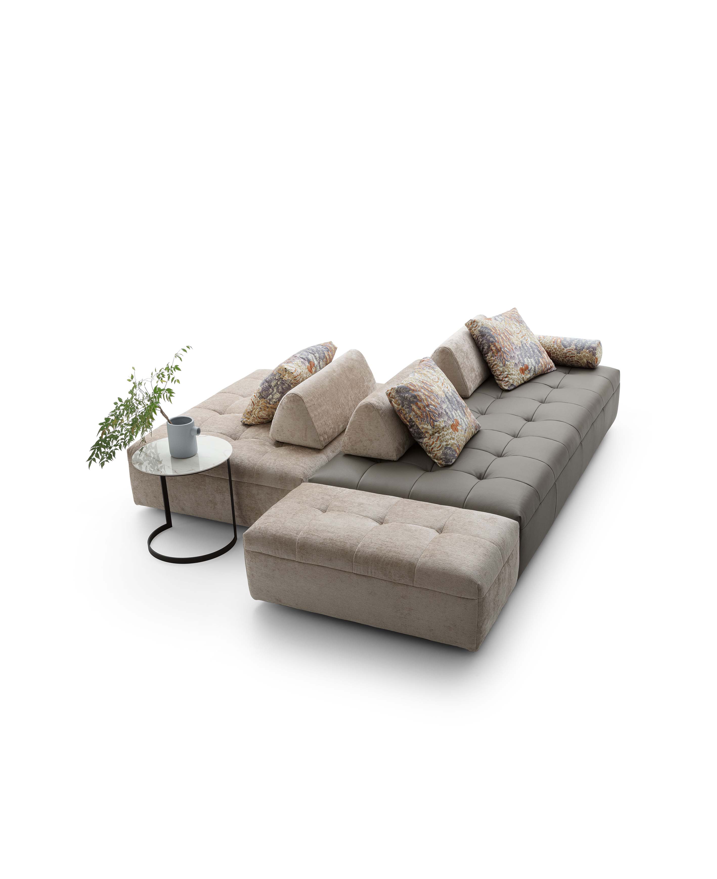 Sofa with canvas and fabric modules assembled together. Independent relaxation islands