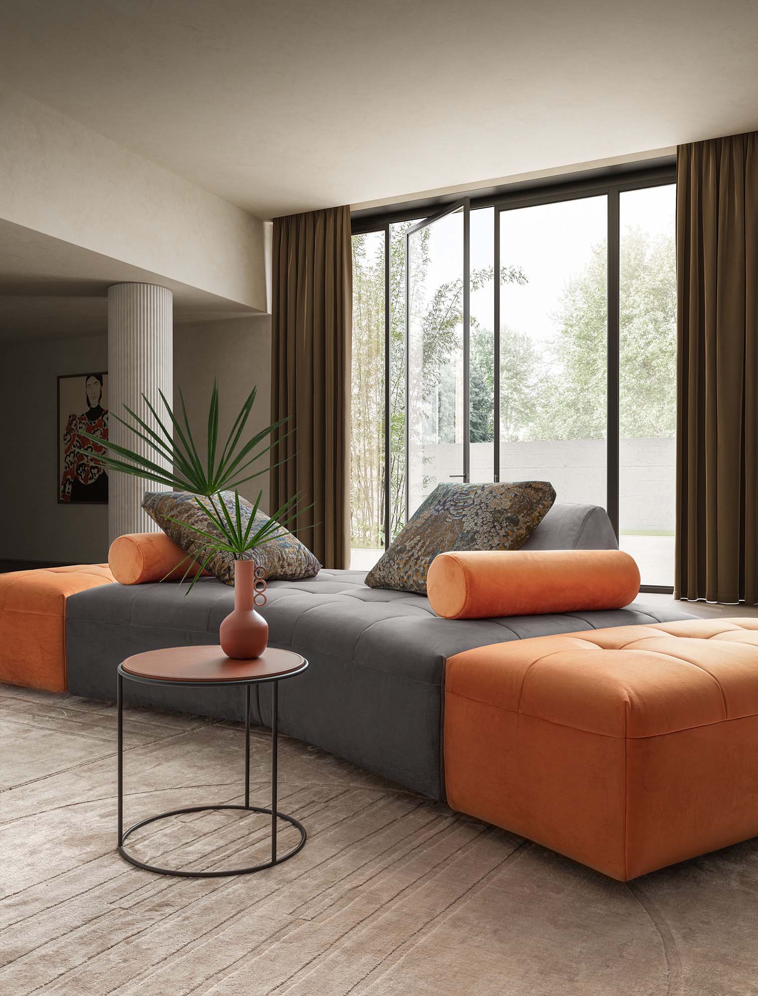Large modular sofa in a bright and design living room. Structure without backrests