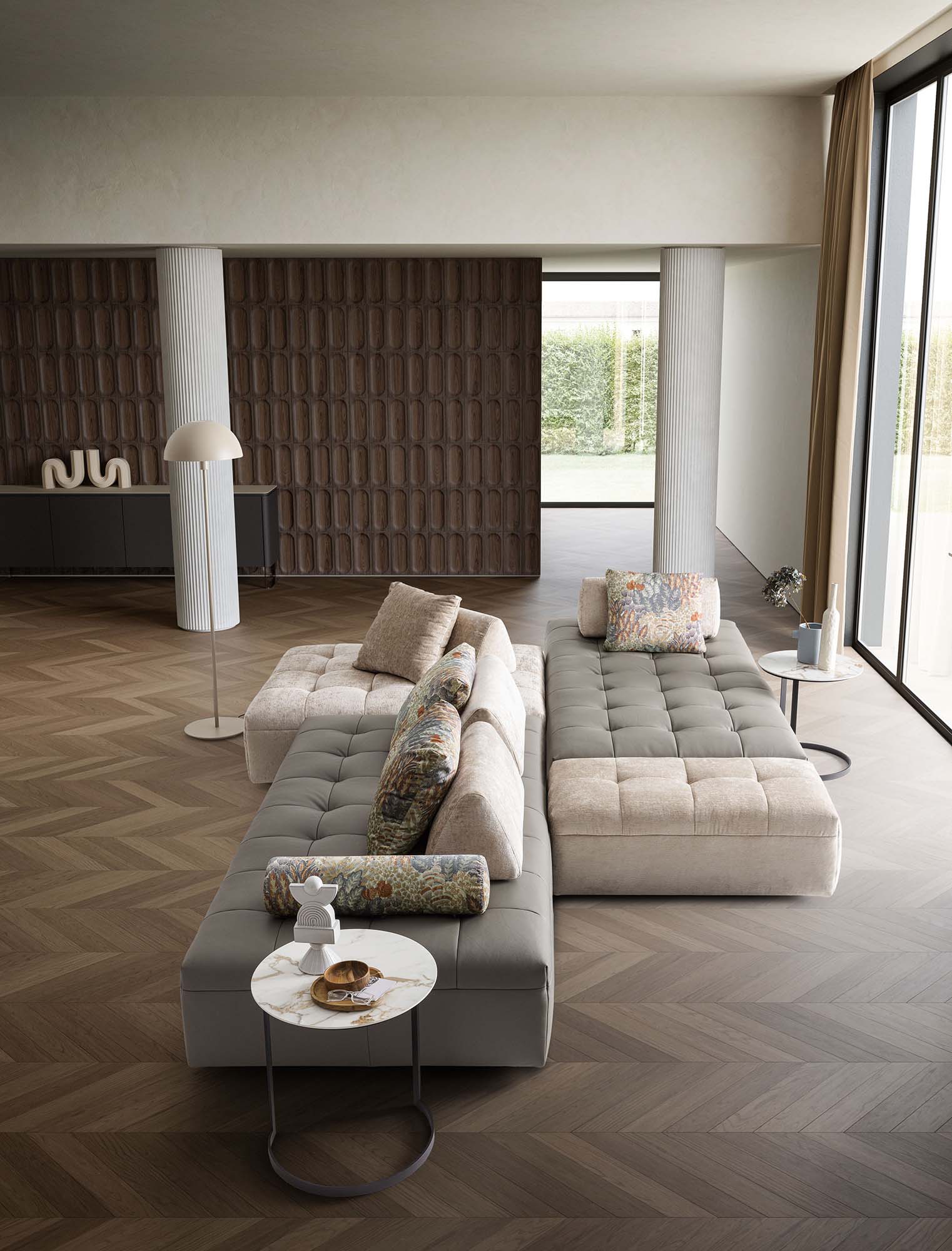 Relaxation islands composed of adjacent sofa modules and translatable and movable backrests. White and grey colors