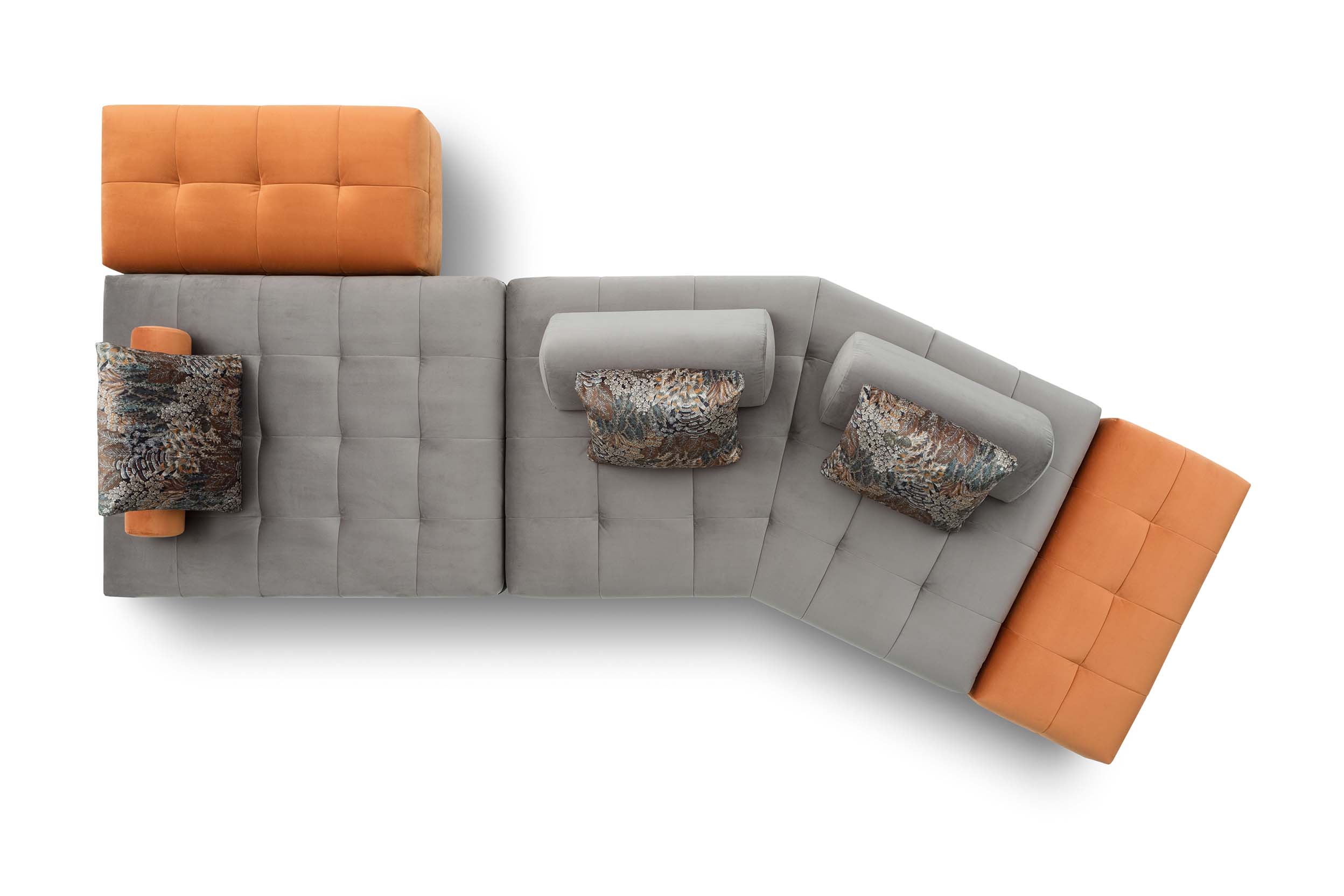 Reed quilted modular sofa with low legs in gray and orange colors