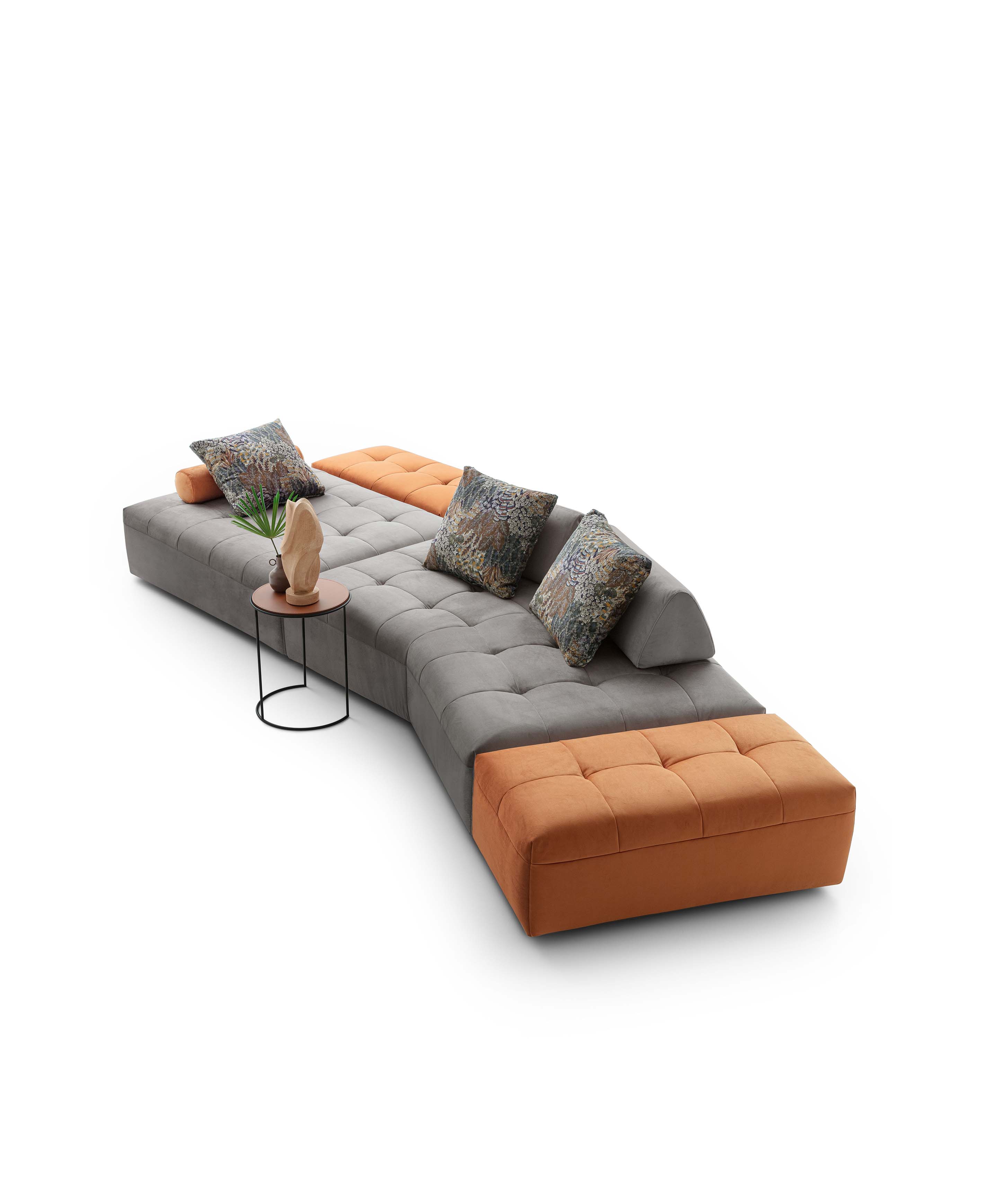 Modular sofa with central asymmetrical seat and movable backrests. Washable fabric upholstery