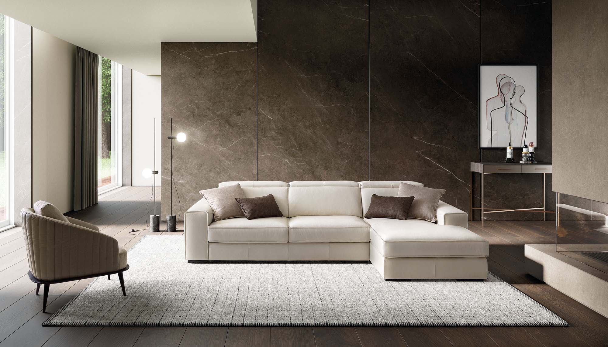 Modern three-seater chaise sofa in white leather with adjustable headrests