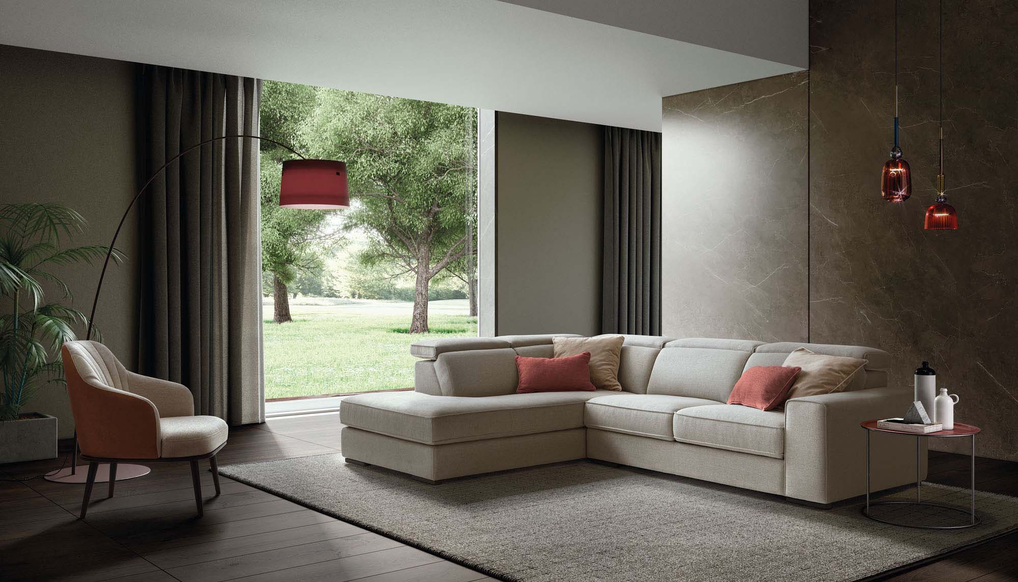 Modern corner sofa with a large hazelnut-colored chaise and red cushions