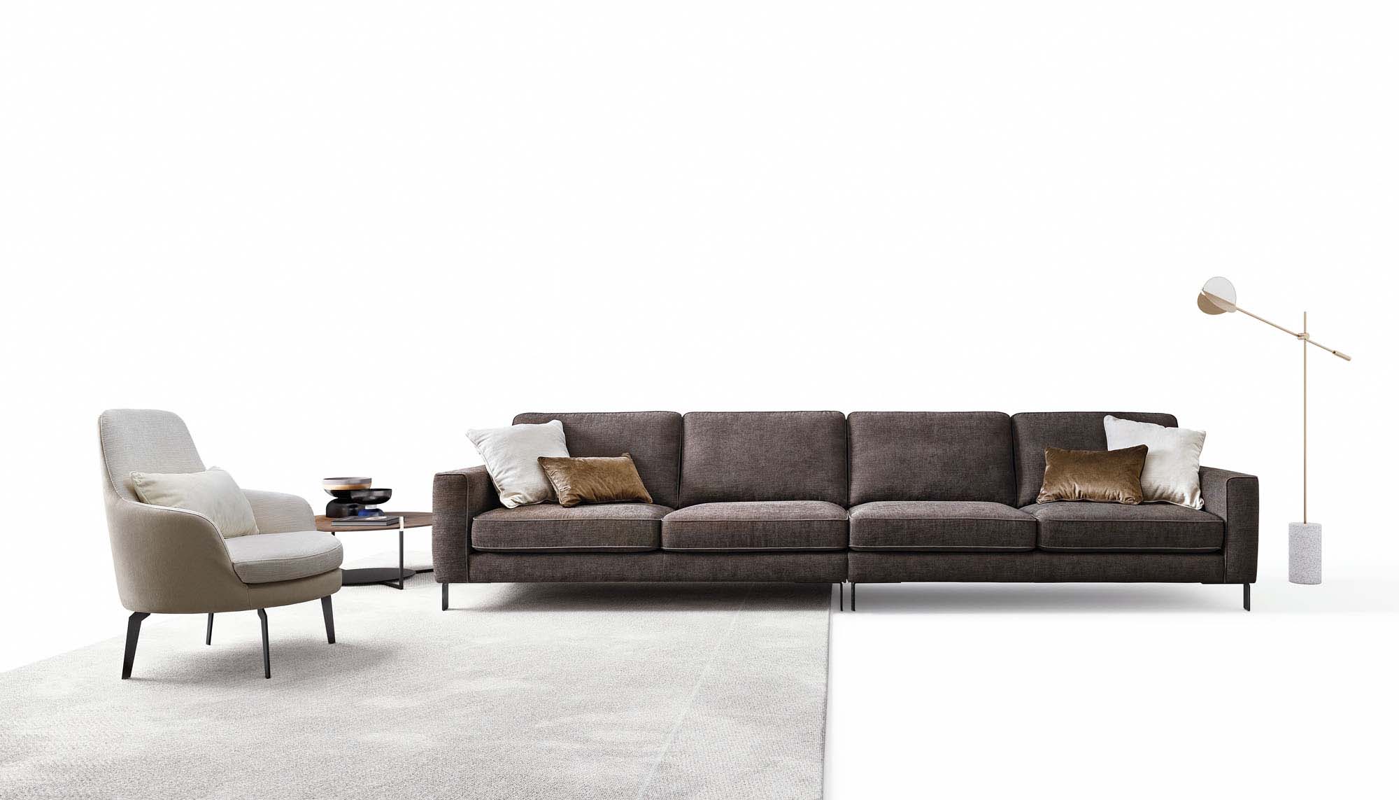 Large linear sofa with high legs and a compact structure