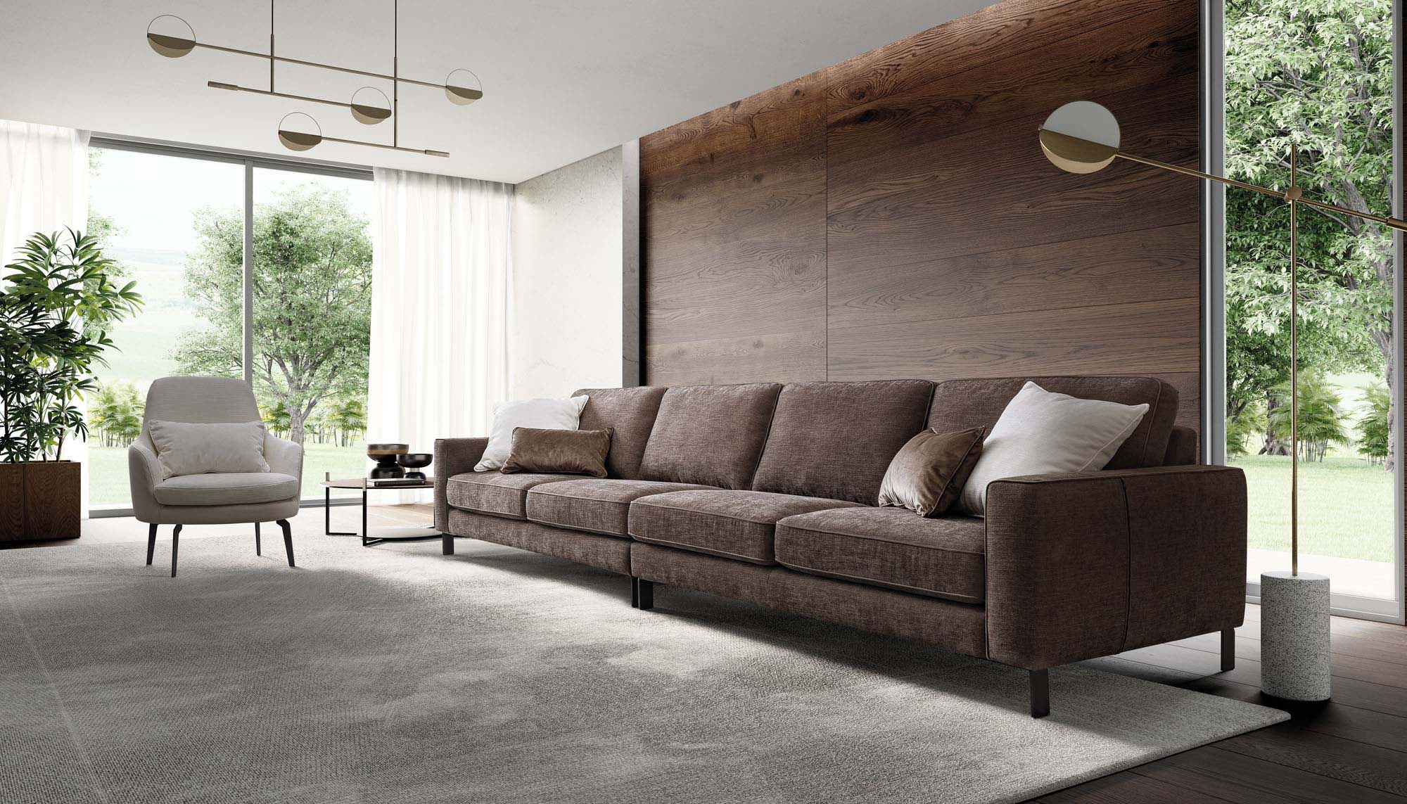 Four-seater linear fabric sofa with high legs