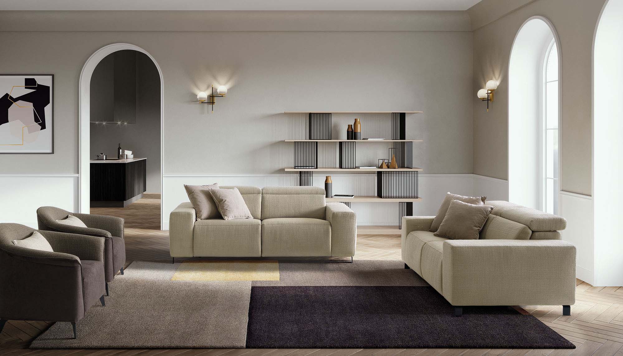 Classic living room furnished with two cream-colored two-seater sofas with adjustable headrests.