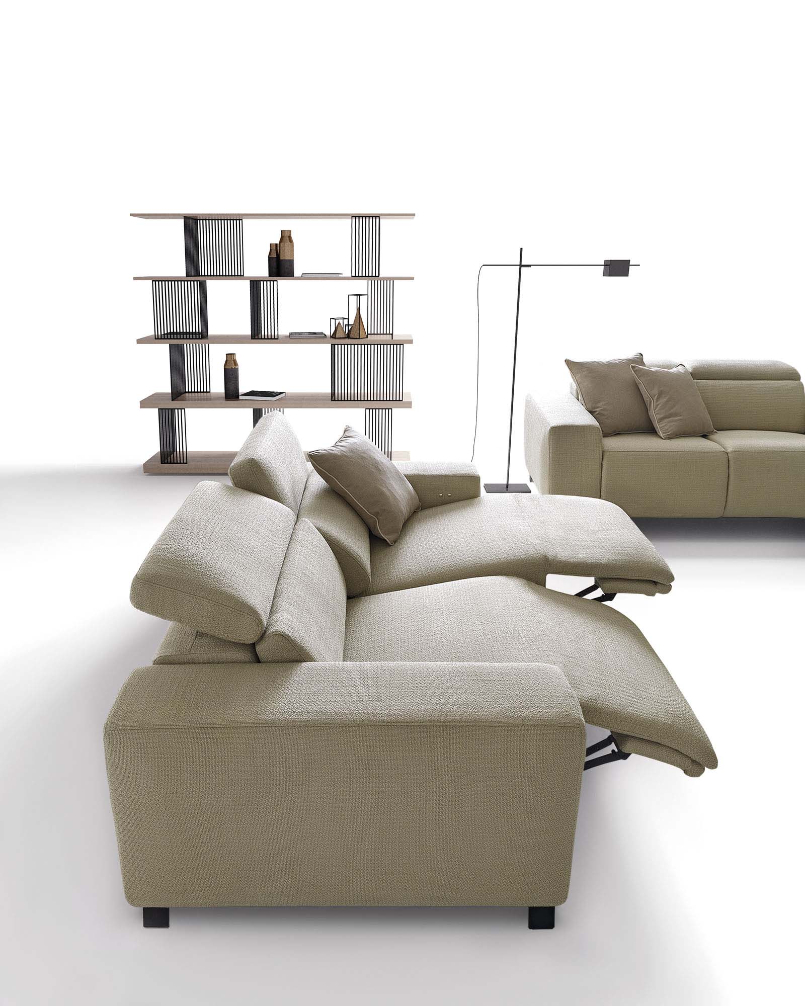 Two-seater fabric sofa with double electric recliner mechanism.
