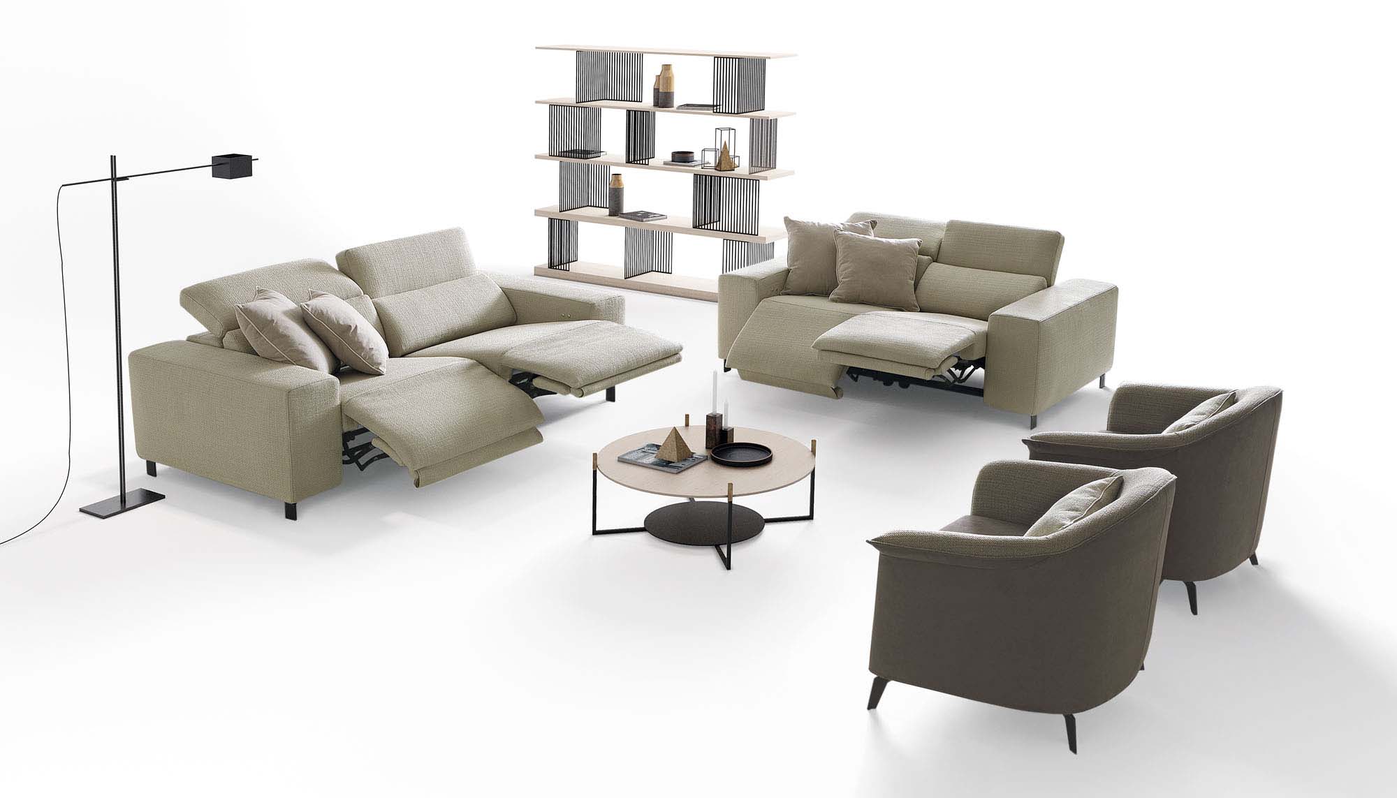 Living room setup featuring two recliner sofas and two armchairs.