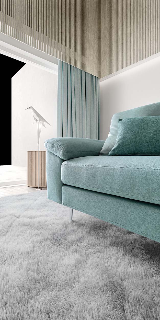 Detail of the simple armrest and high feet of a sofa