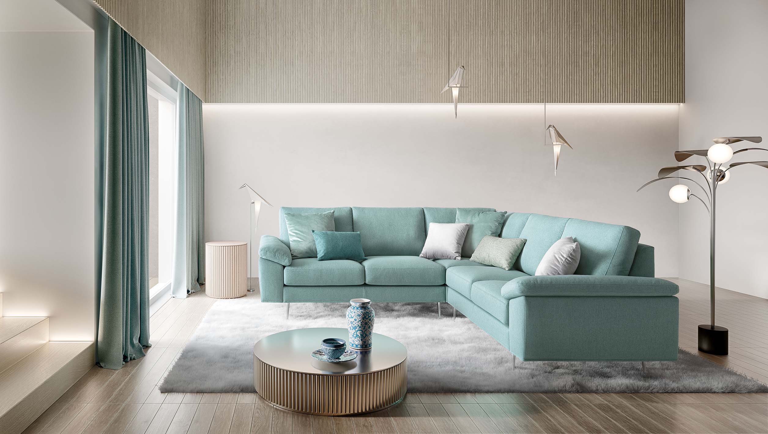 Water green corner sofa with high feet in a modern and minimal living room