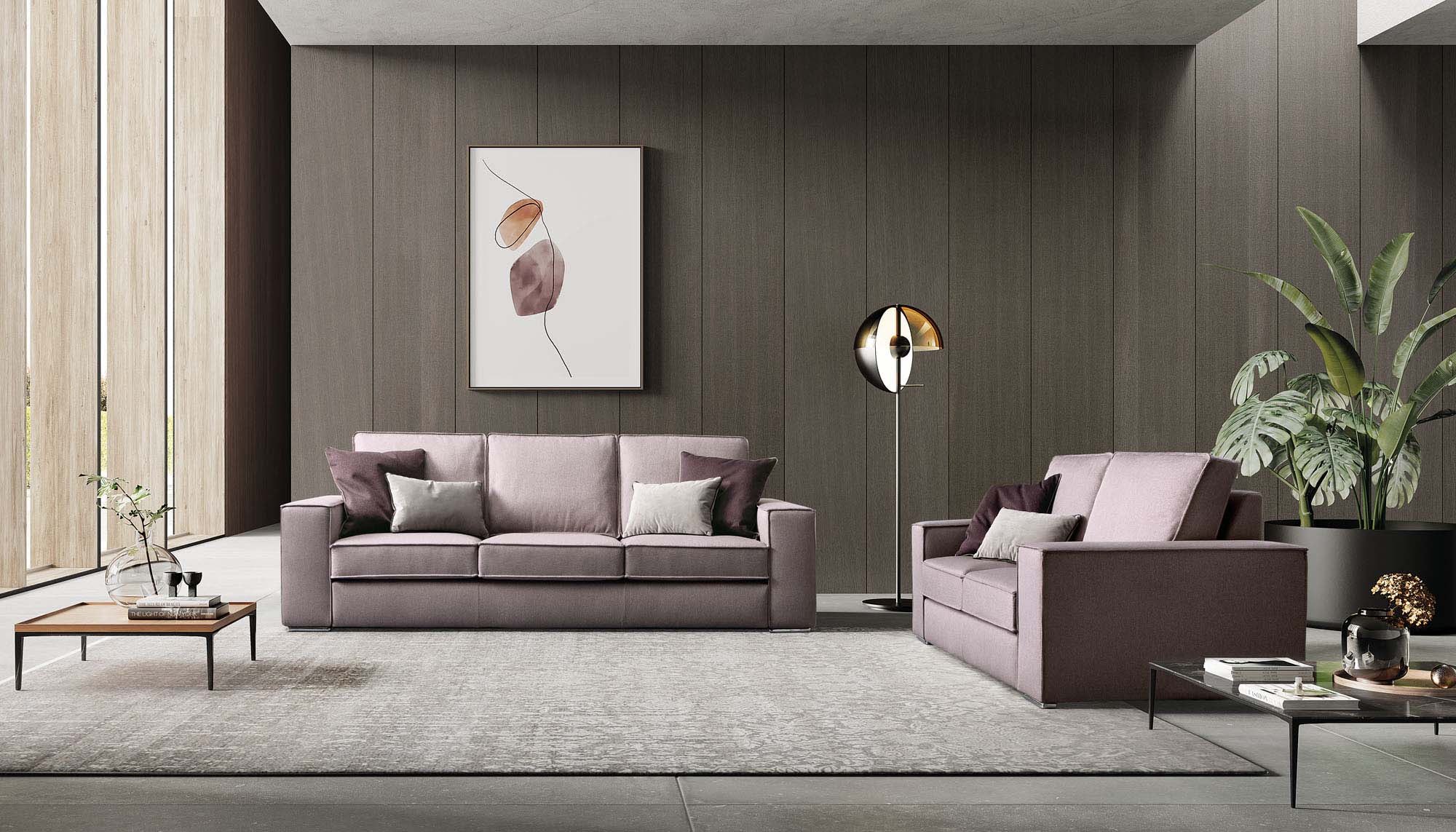 Classic living room featuring two blush pink sofas