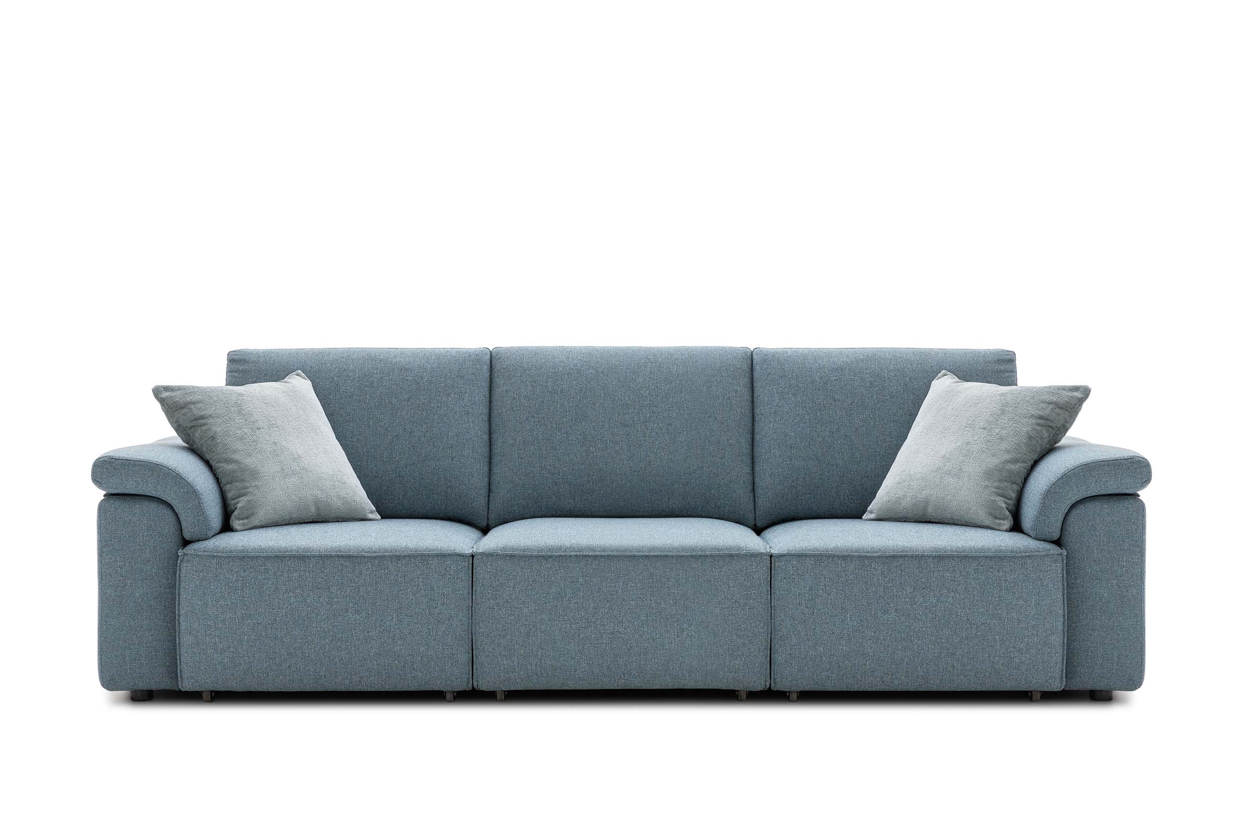 Simple and linear light blue fabric sofa with Ali model armrest, round, padded and comfortable