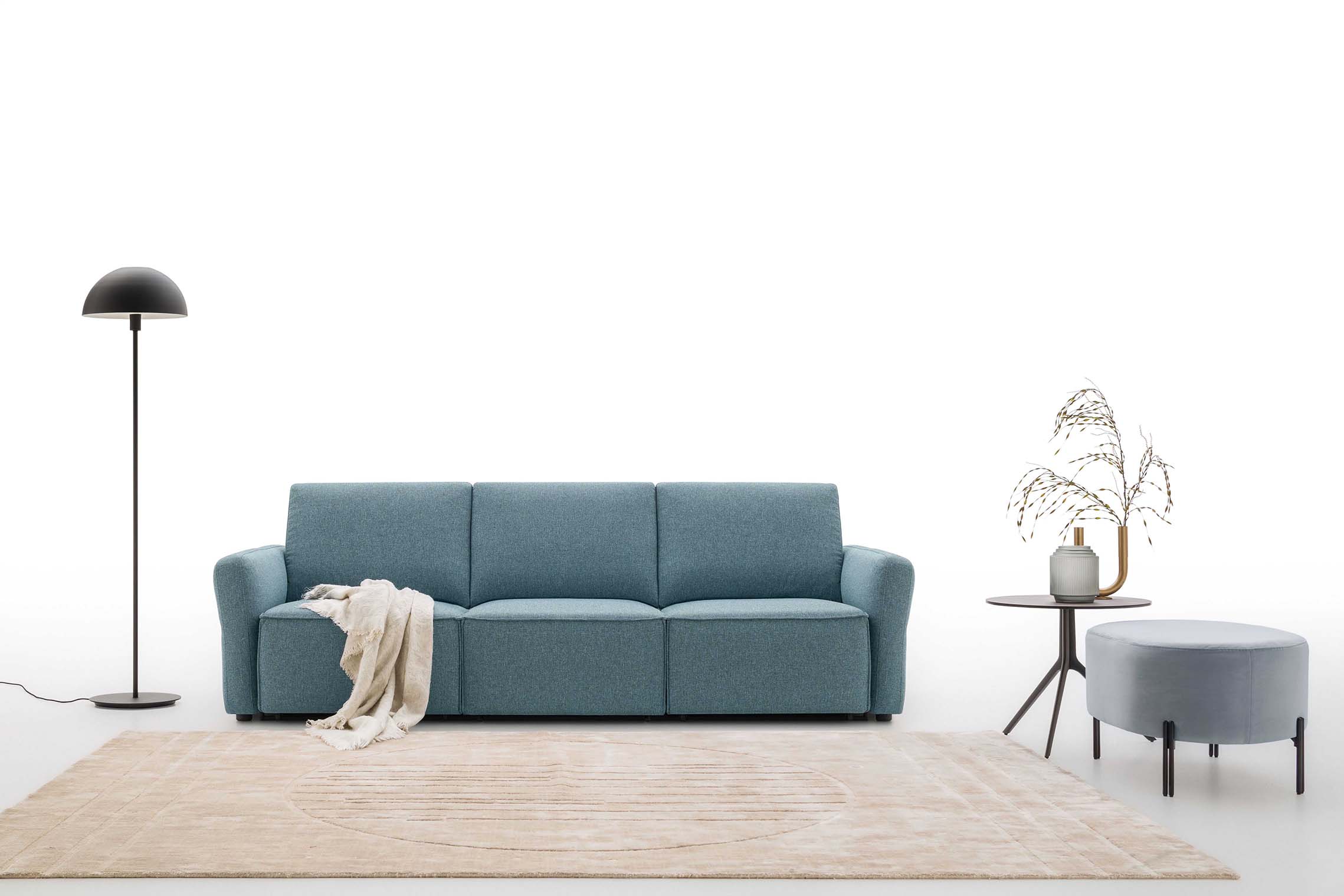 Light blue Cao 003 LeComfort linear three-seater monocoque sofa without headrest