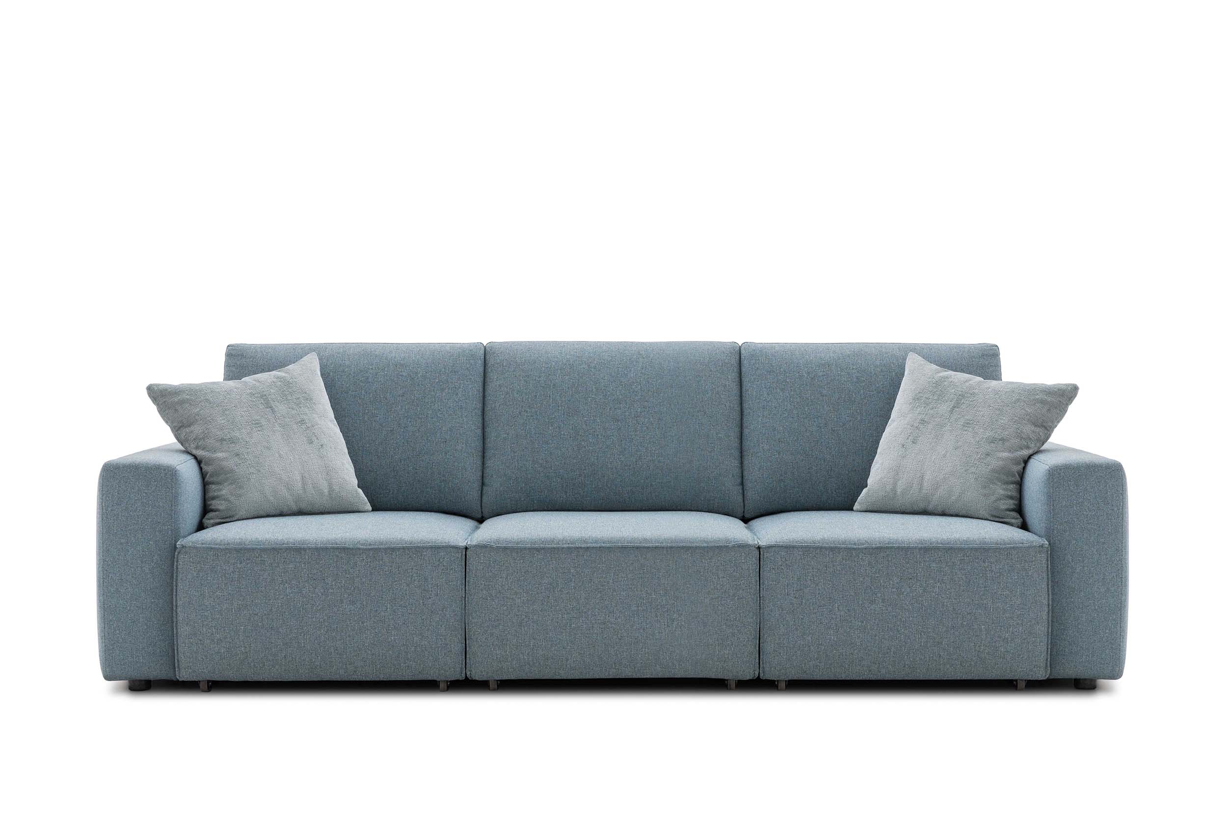 Light blue monocoque Soho model sofa by LeComfort with square armrests and minimalist design