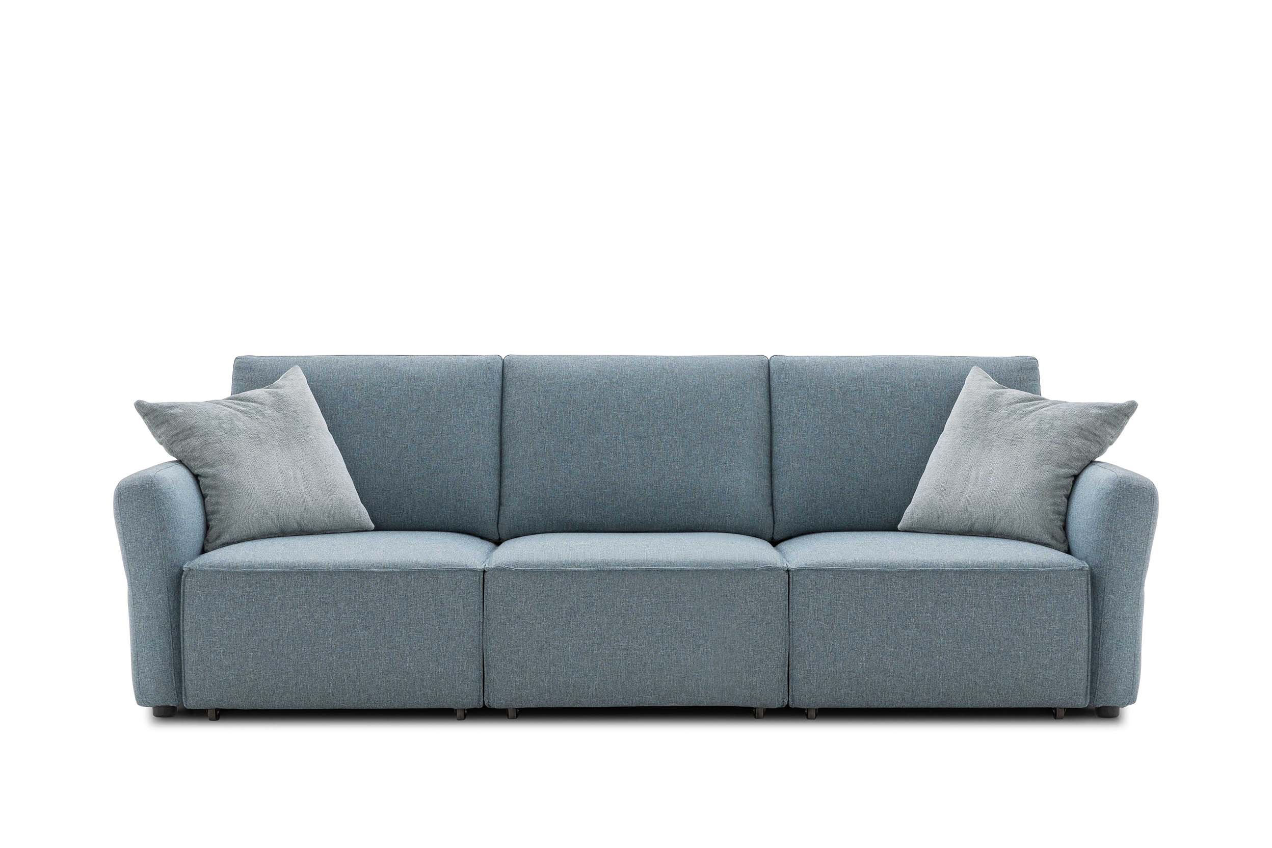 Light blue linear three-seater sofa with simple 'Cio' model armrests, slightly inclined outwards