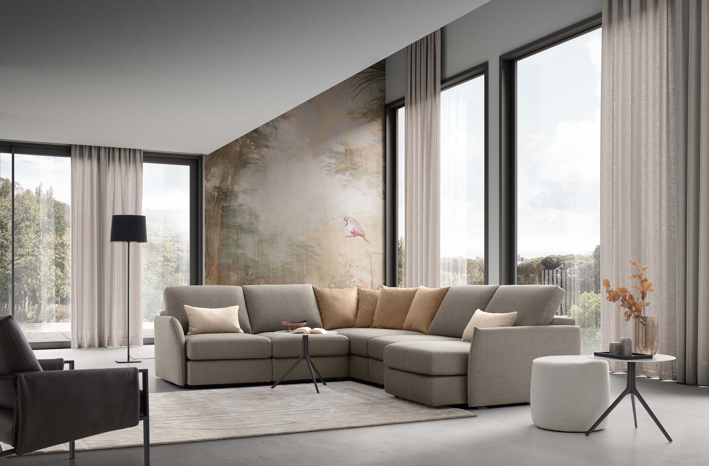 Sand-colored corner sofa with 5 seats and a pull-out side, with a structure that runs along the entire back of the sofa