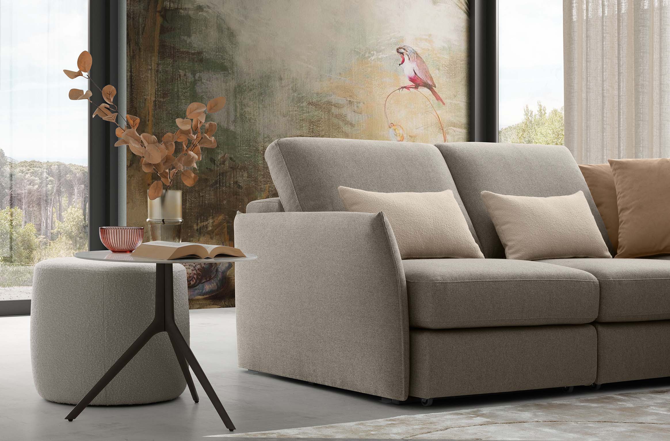 Fabric of a sand-colored corner sofa, Bride 004, cushions in Disco 02 and Disco 05 fabric