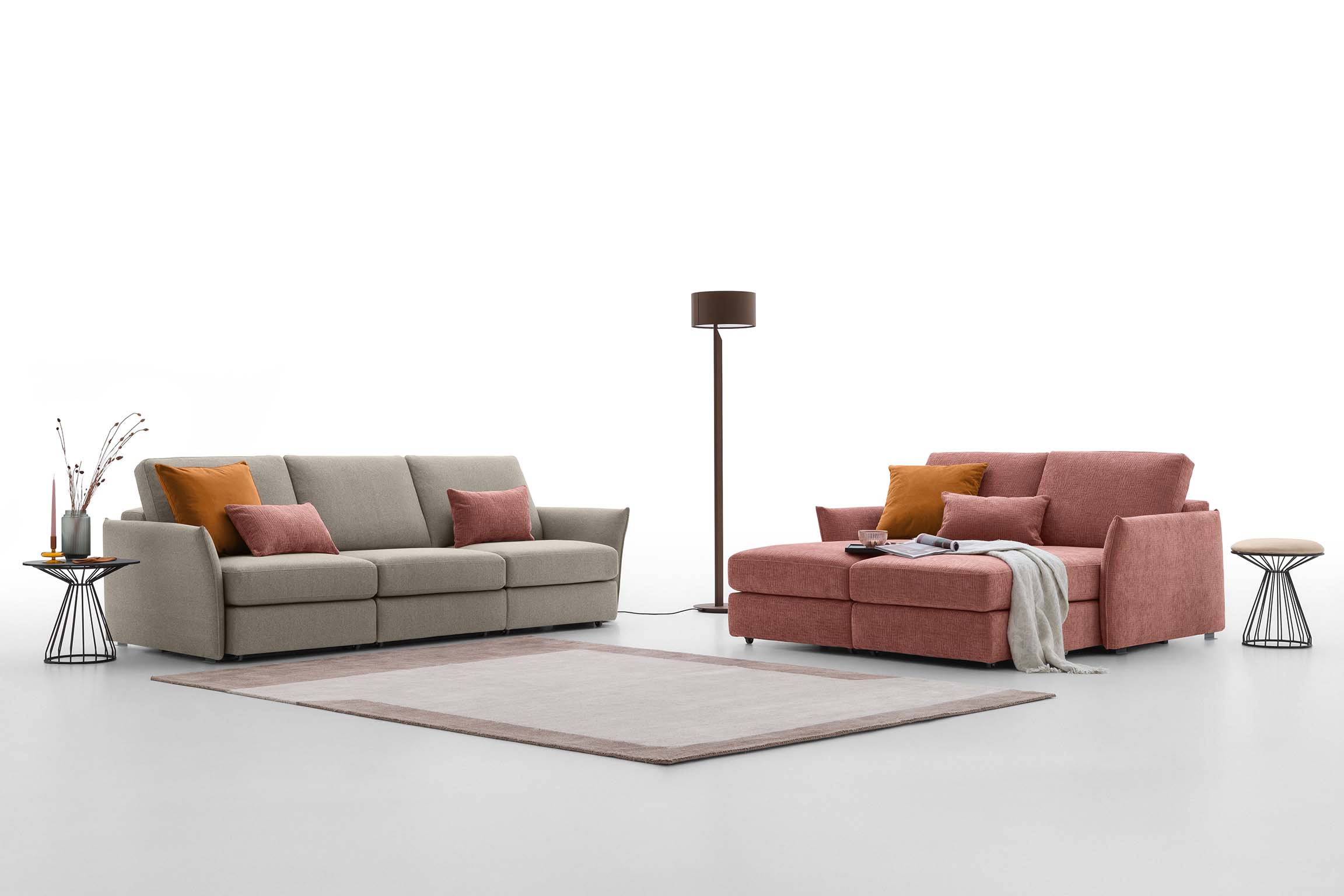 Soho Double sofa with removable covers, available in two colors: washable gray fabric and washable red fabric