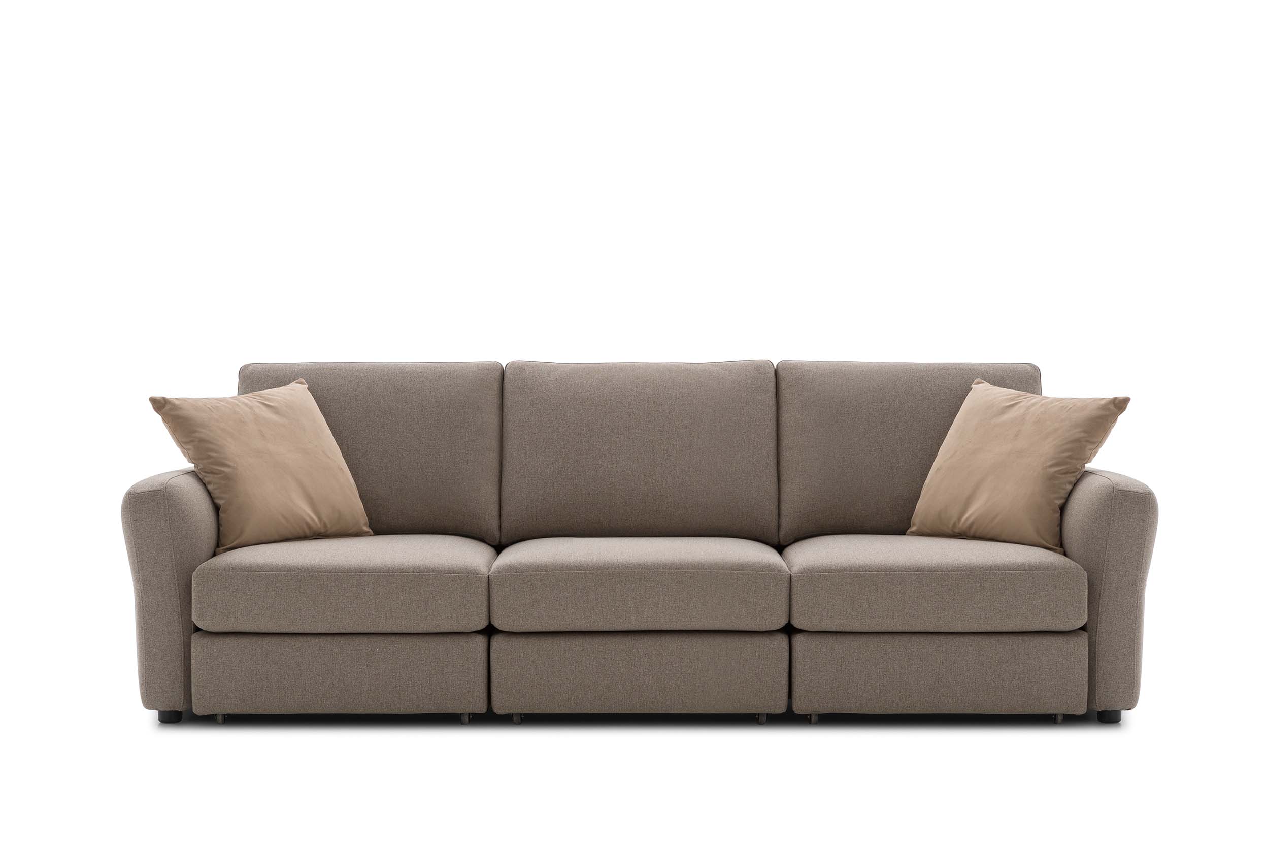 Brown three-seater sofa with cream-colored cushions. Comfortable and padded backrest and seat, and simple armrests