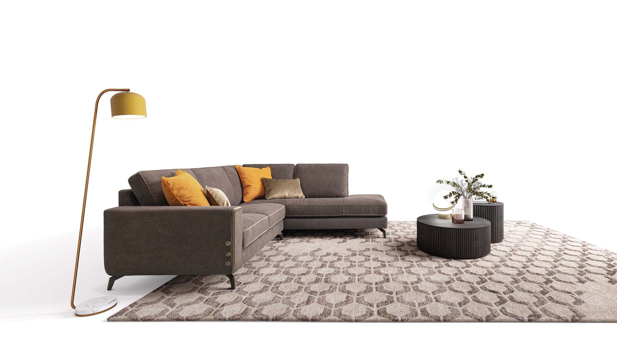 Corner sofa with a chaise lounge and classic side detail