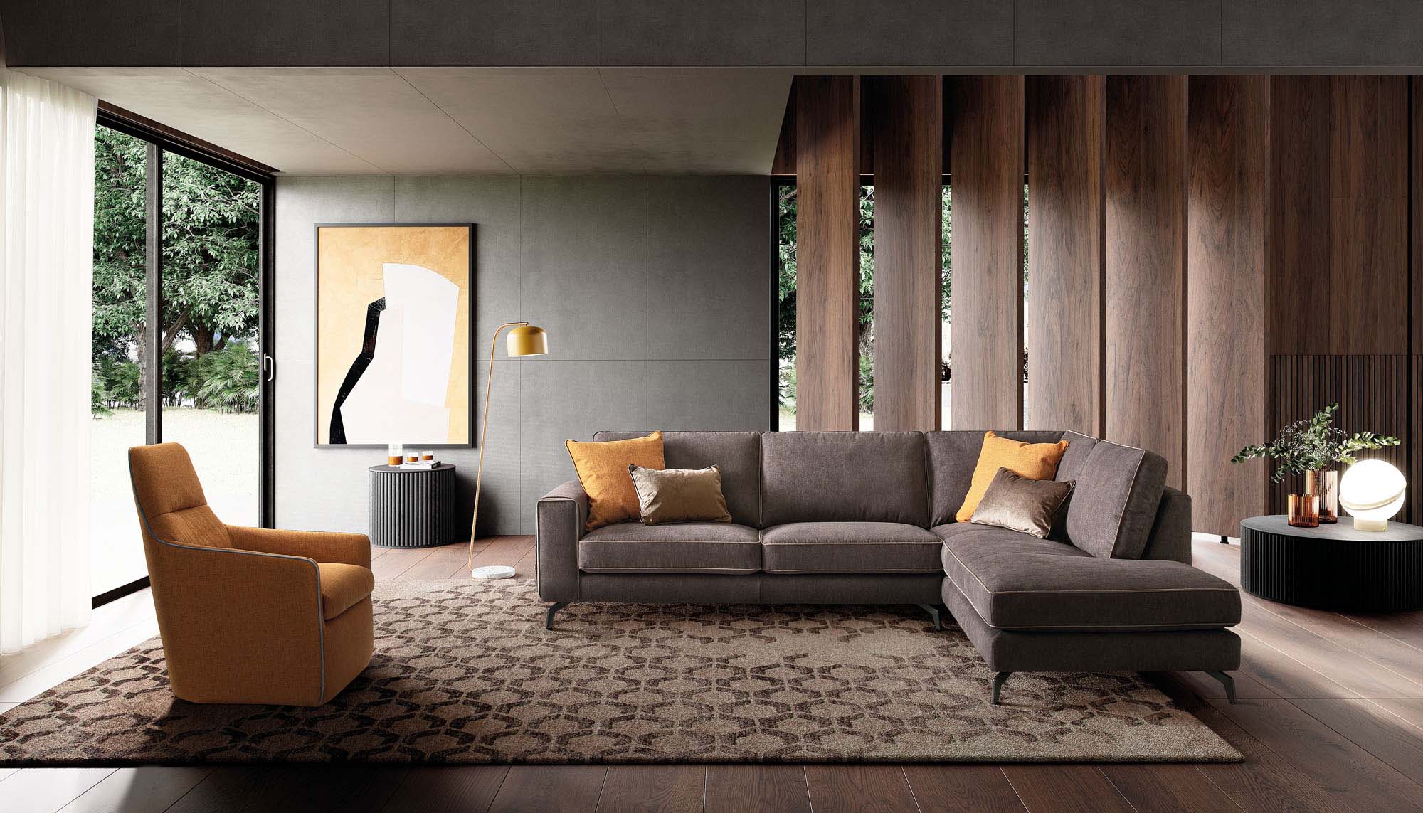 Modern living room furnished with a brown fabric chaise lounge sofa.