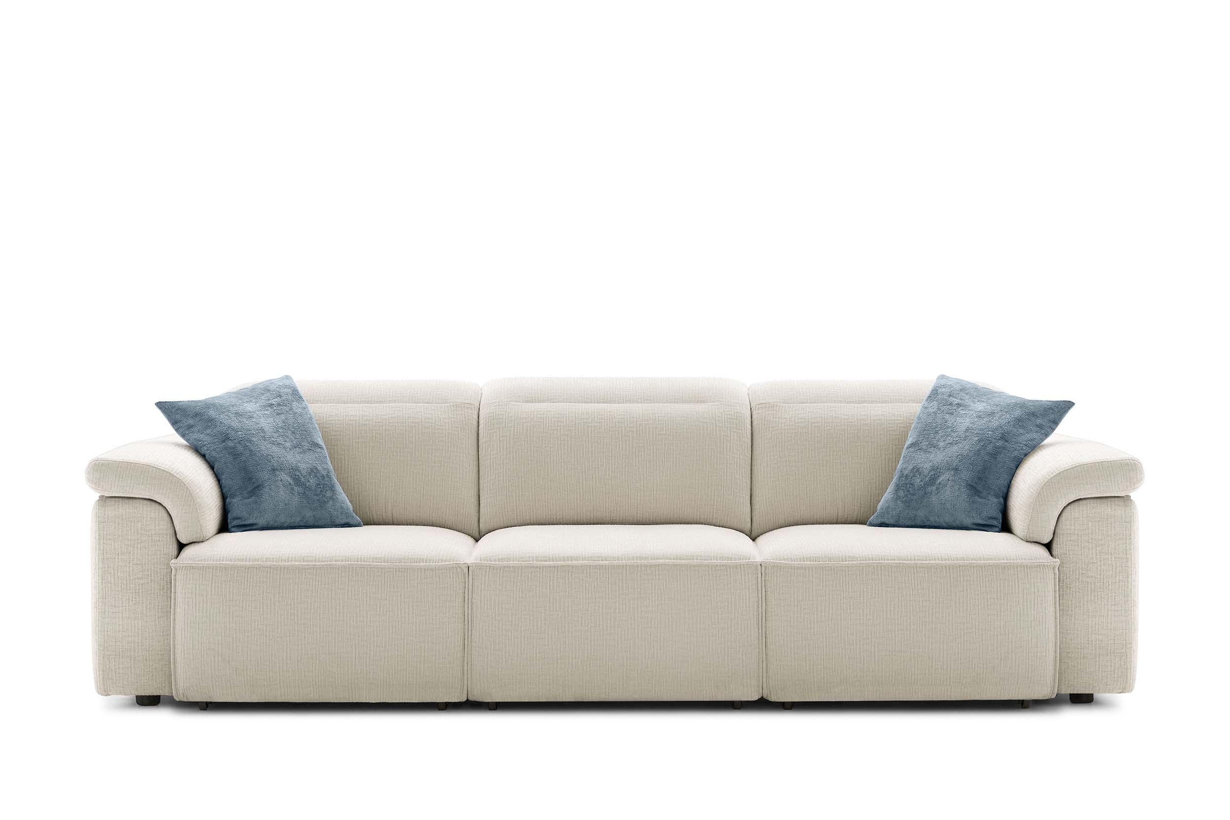 White sofa with comfortable and rounded armrests for leaning on comfortably.