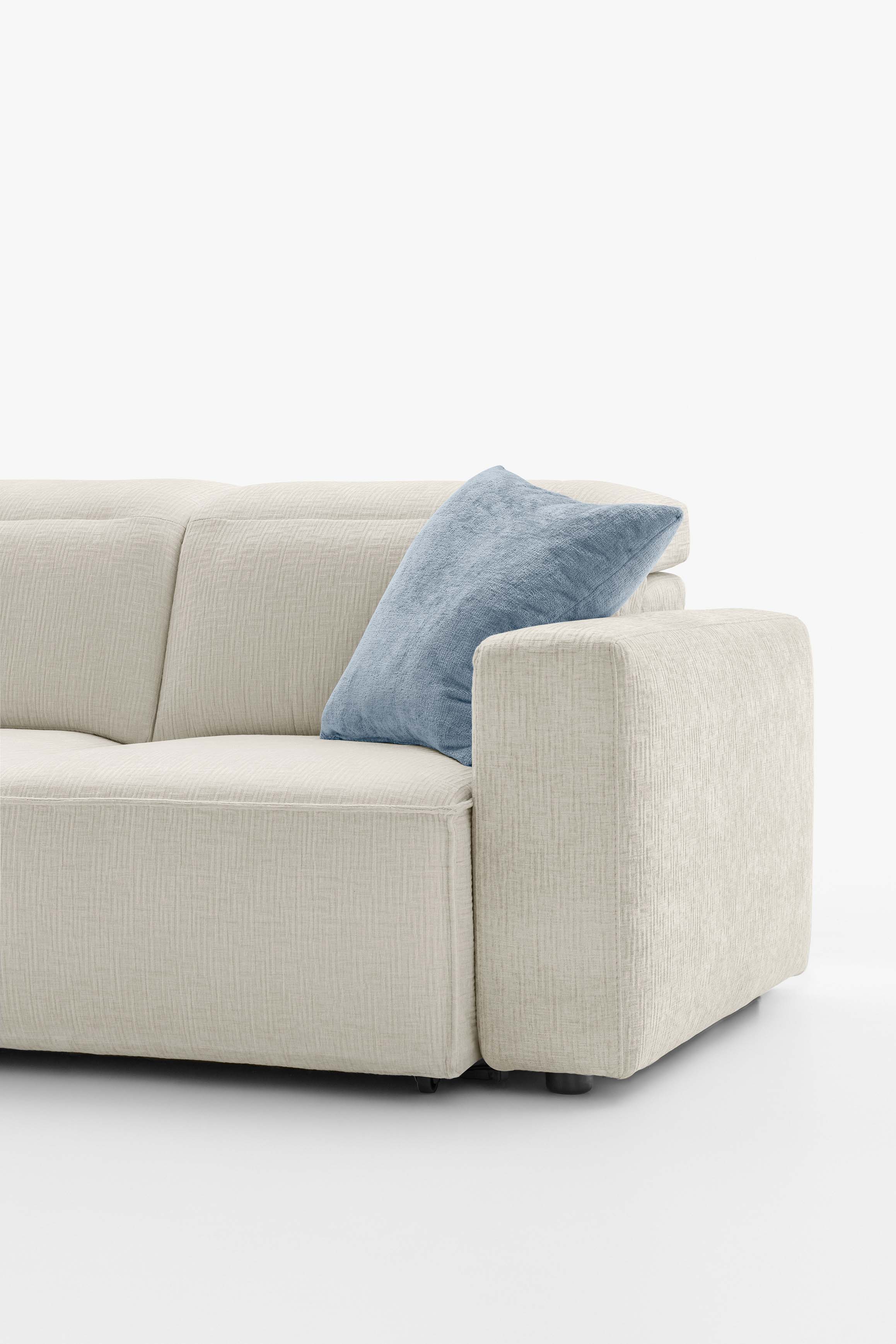 Modern white sofa with square armrests, comfortable for placing a remote control or cell phone.