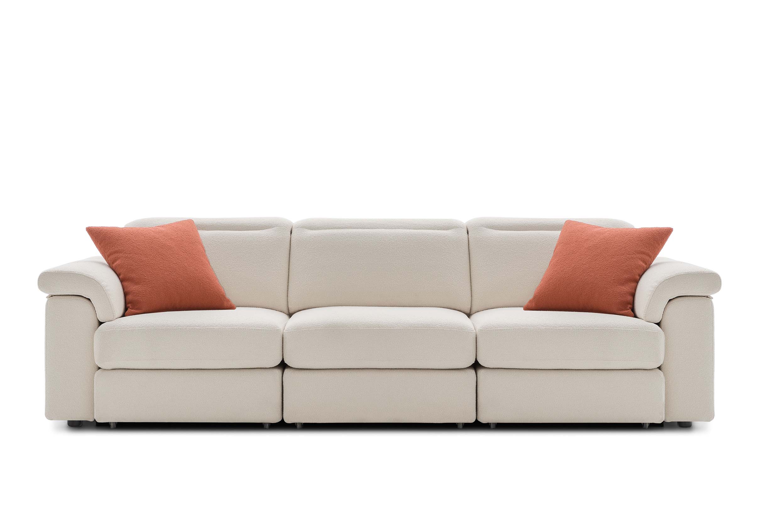 White three-seater sofa with comfortable and rounded armrests for leaning on. Contrasting brick-colored cushions.