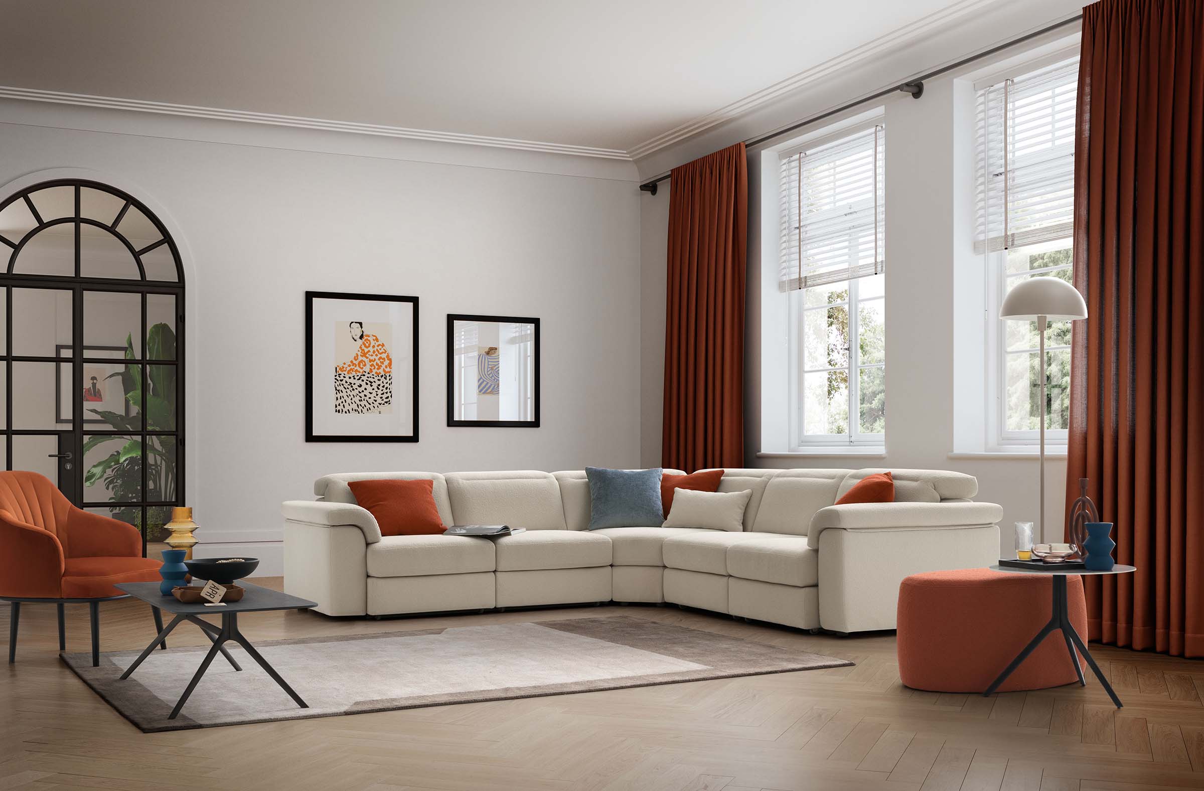 Swan Double four-seater sofa, plus corner with backrest. Headrests adjustable in seven positions.