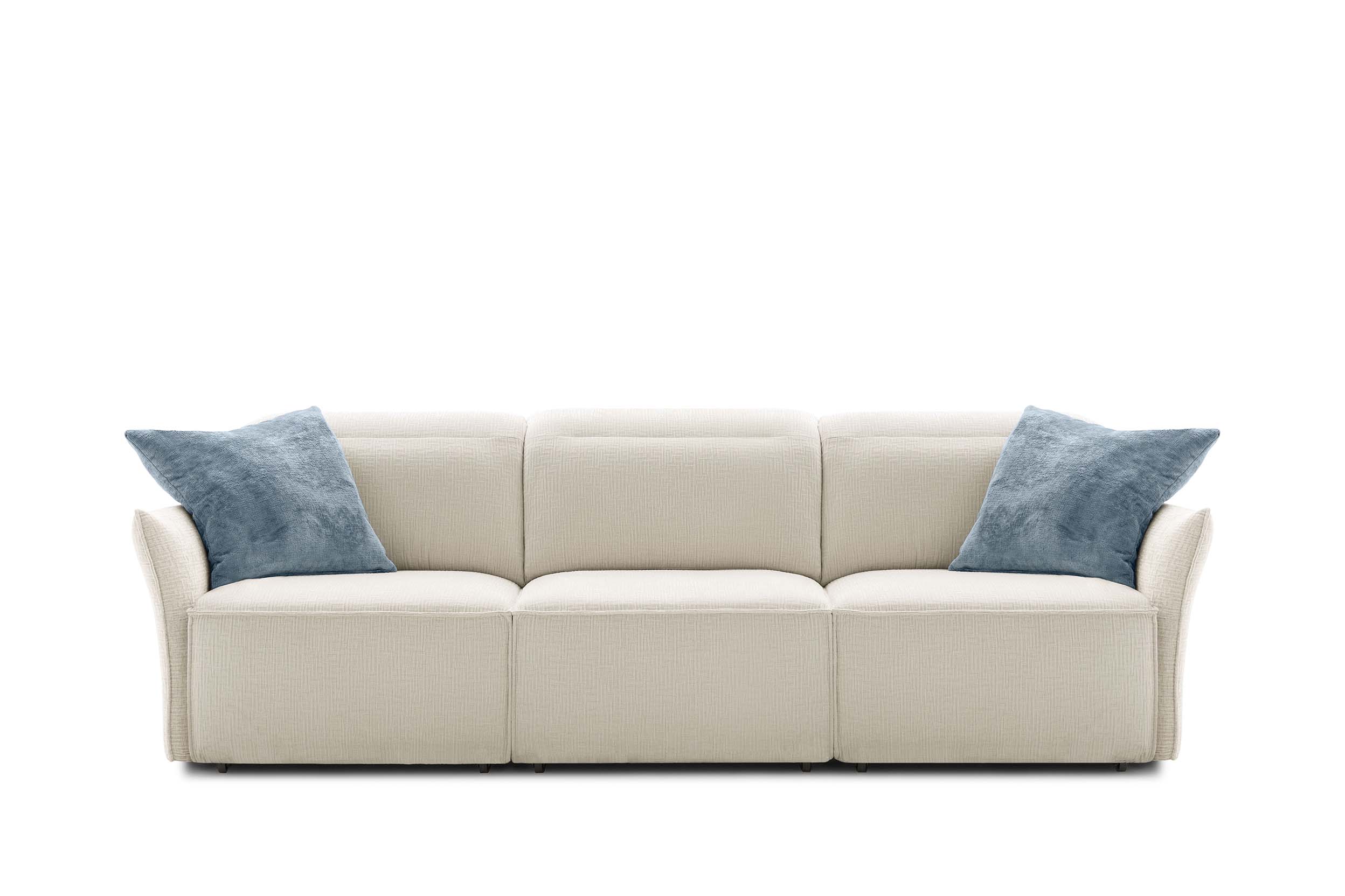 White single-shell sofa with raised edges and adjustable headrests. Slender and space-saving yet sturdy armrests.