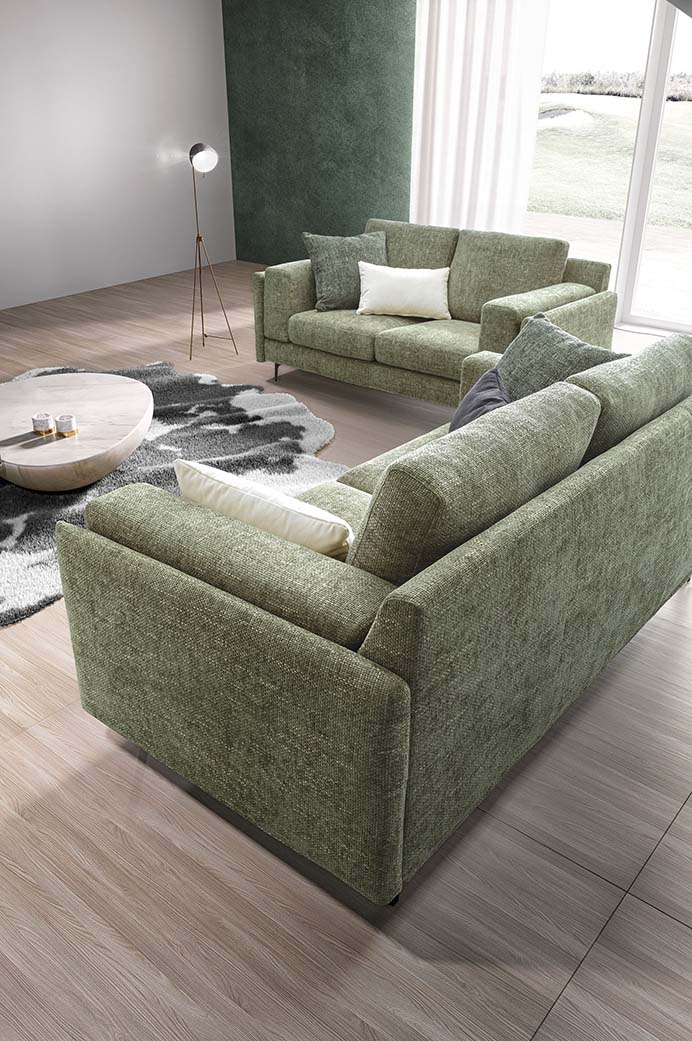 Two-seater sofas with removable faux-velvet fabric upholstery in olive green