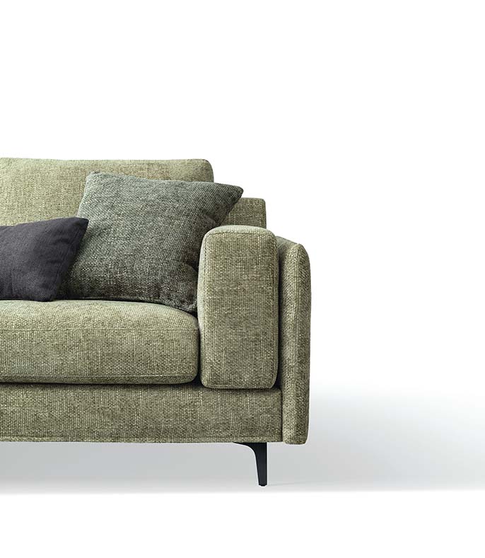 Detail of the seat of a minimal sofa with clean lines. Elegant feet