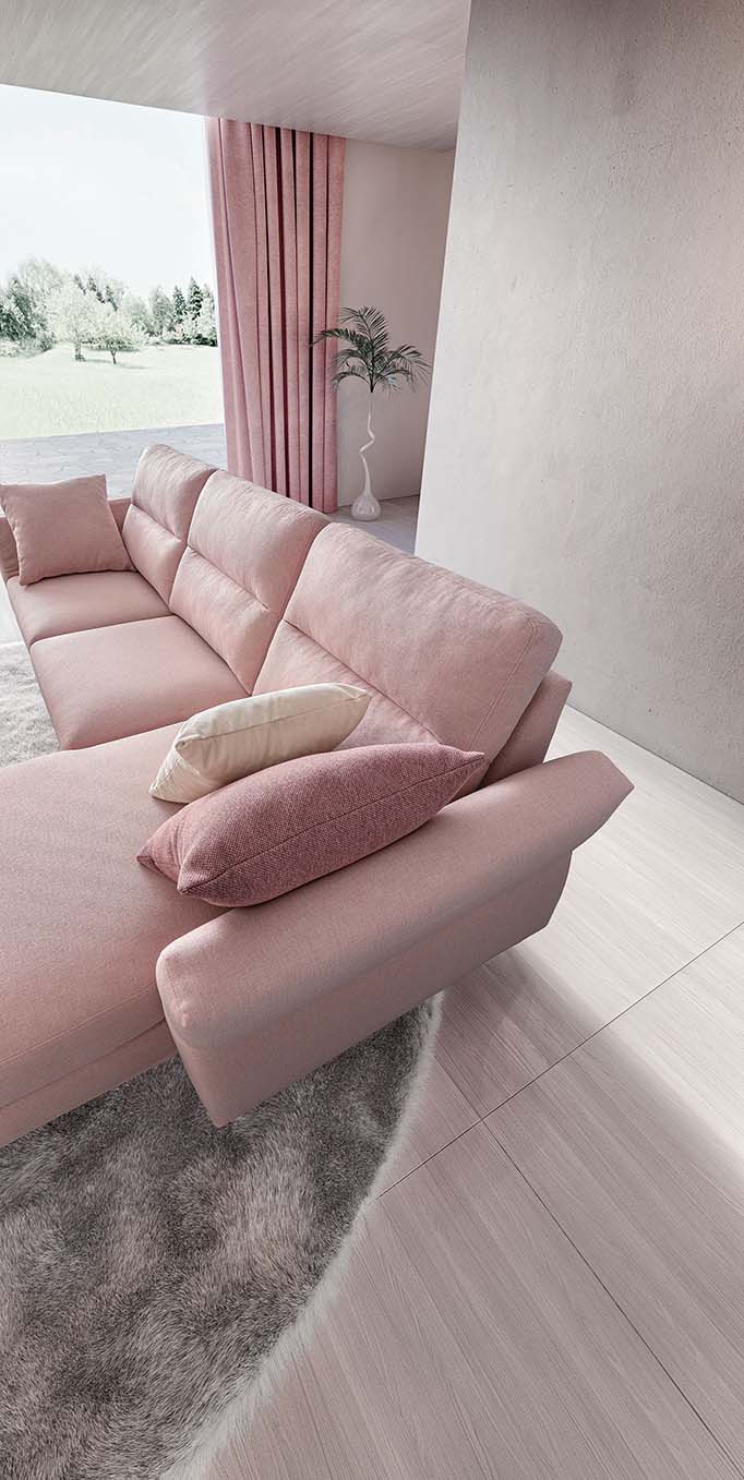 Top view of the corner sofa in removable pink fabric with comfortable upholstered cushions