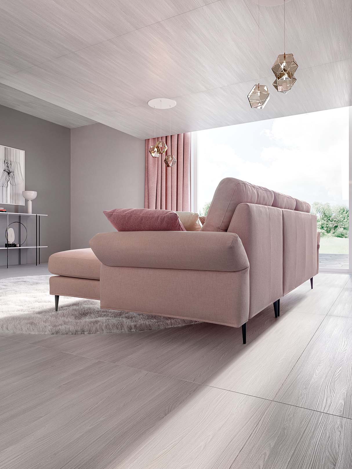 Rear view of a sofa in a modern setting. Space-saving backrest