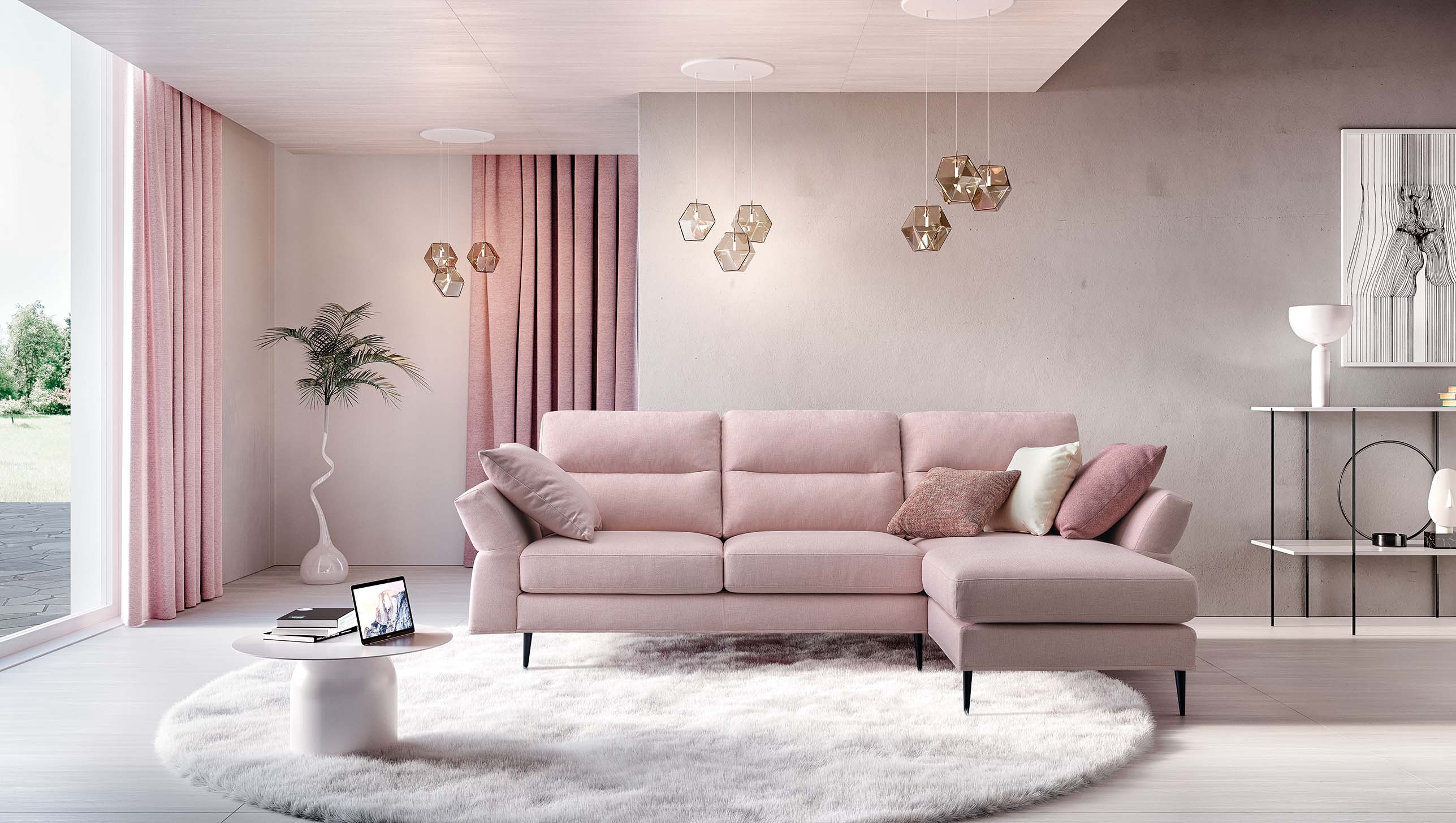Soft pink sofa with chaise longue and high, comfortable upholstered backrest. Adjustable armrests