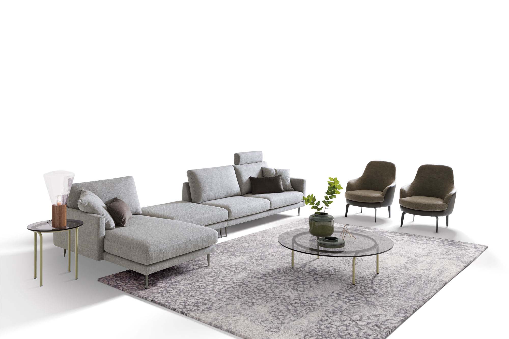 Modular sofa with different types of backrests and a sleek structure