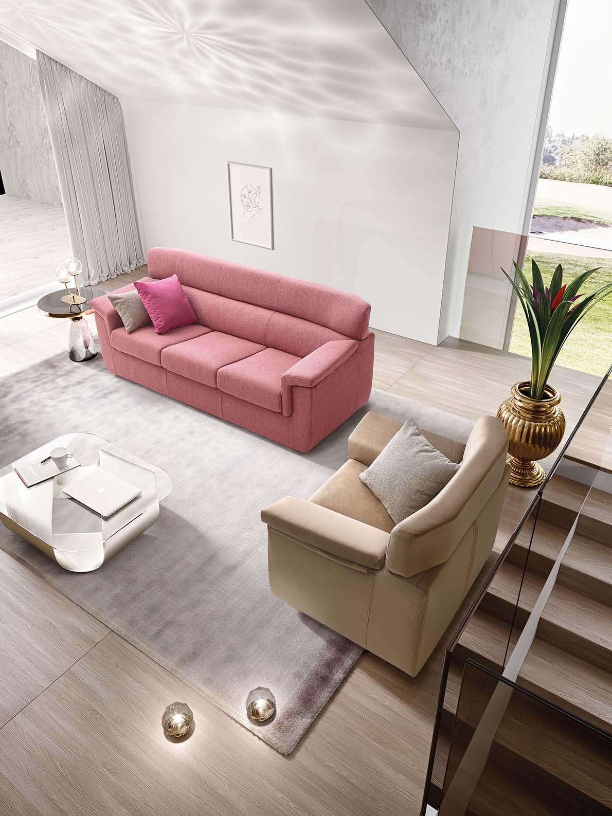 Trick sofa in two versions: 3-seater and 1-seater (armchair) with high backrests and low feet