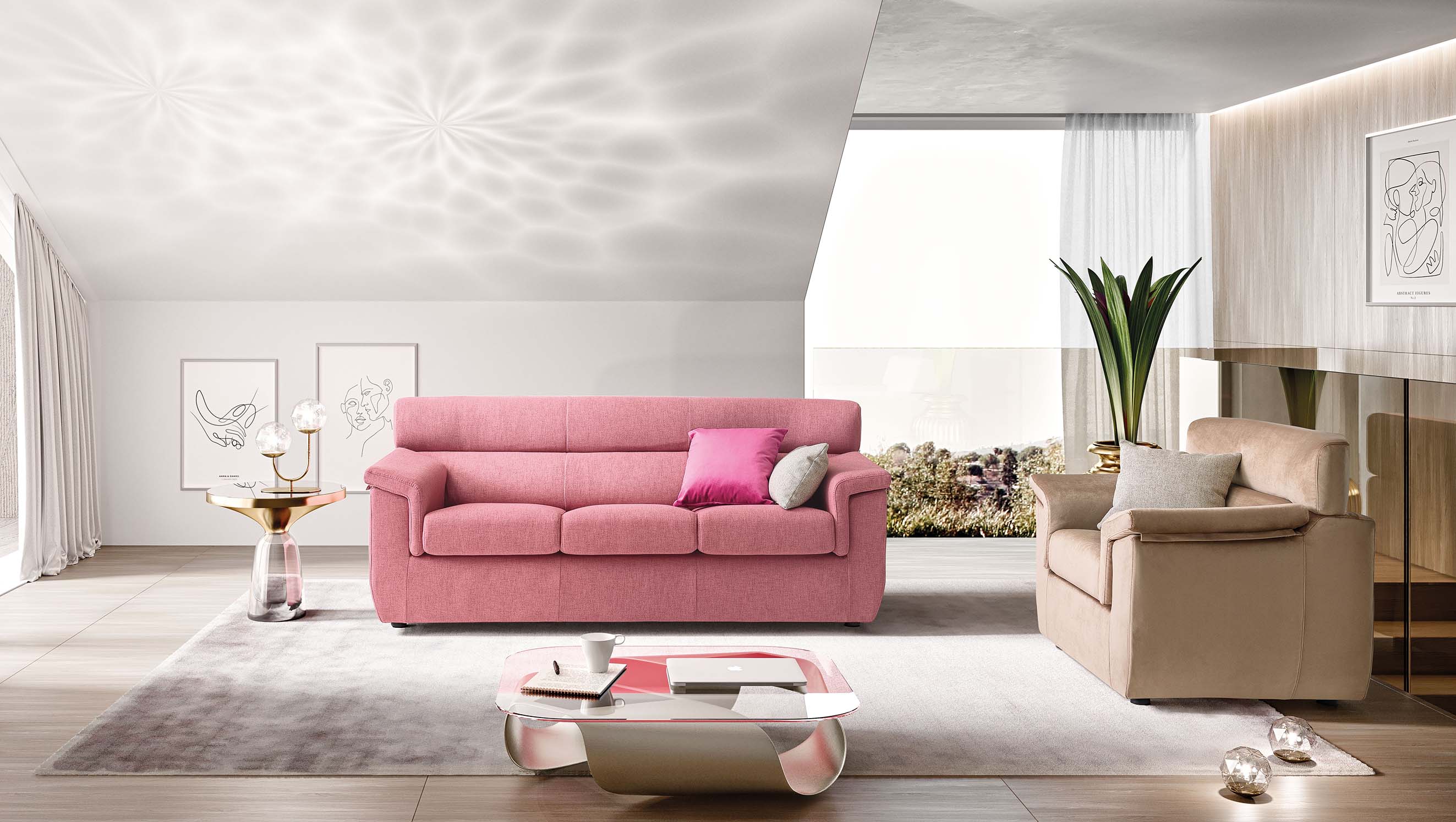 Compact pink three-seater linear sofa with high backrest. Pink and brownish versions.