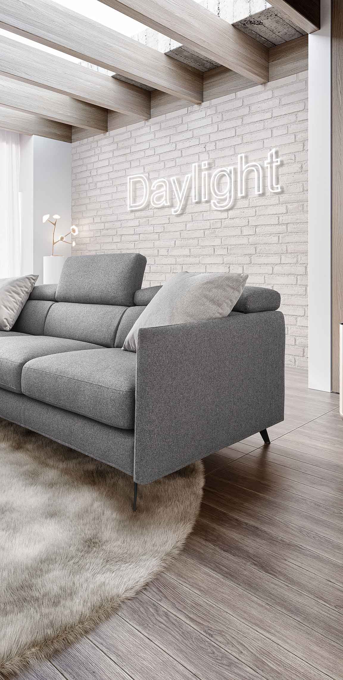 Detail of the legs and seat of a modern grey sofa