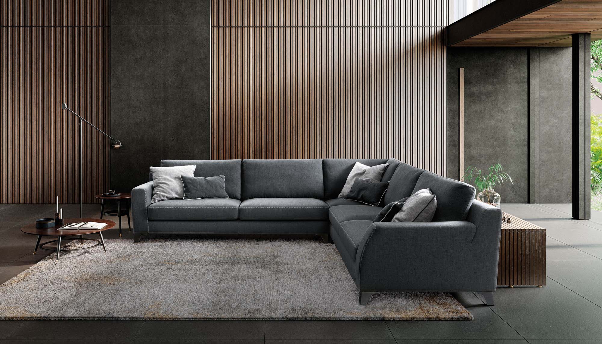 Spacious living room furnished with a large classic corner sofa