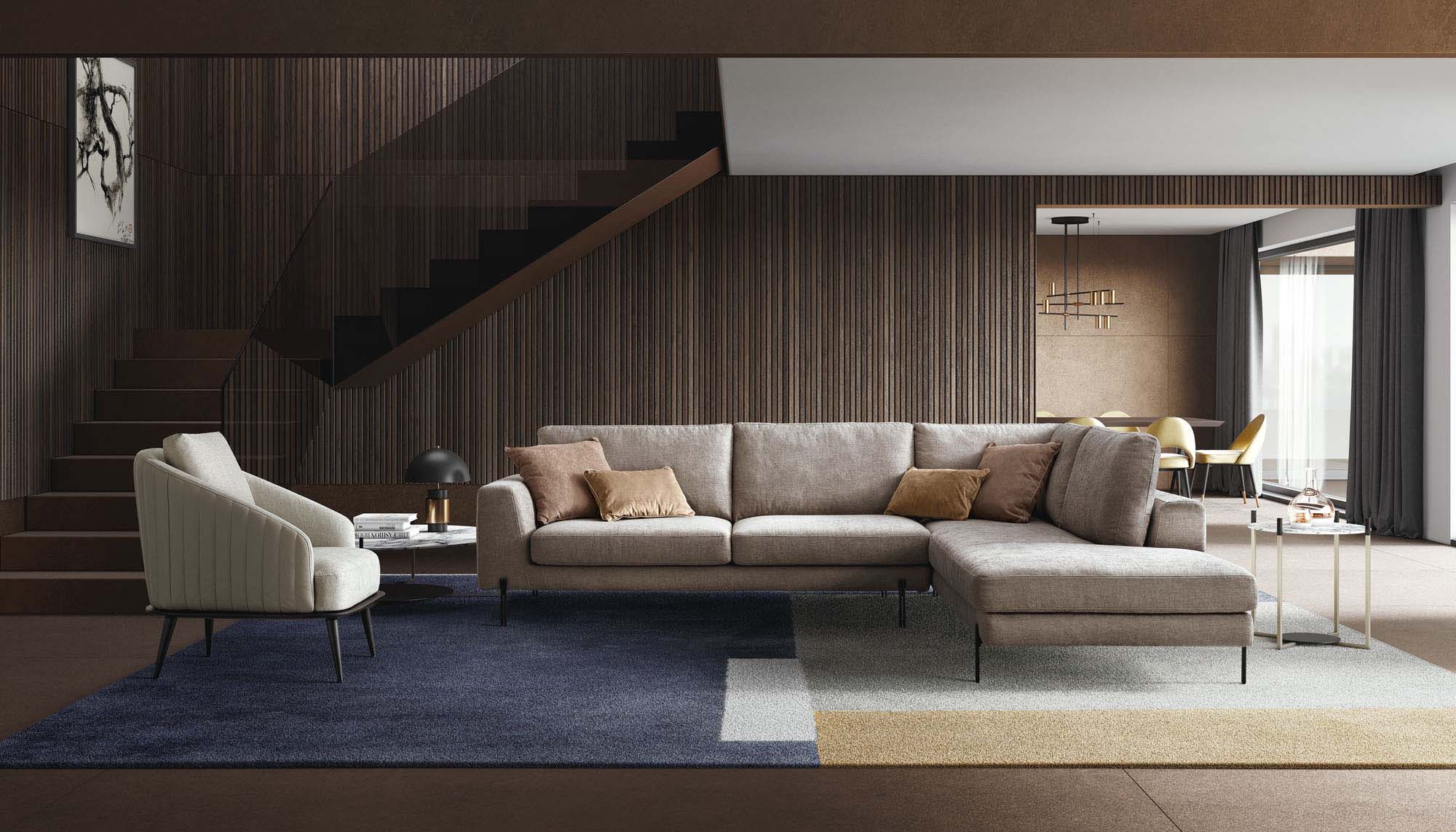Classic living room furnished with a modern and minimal sofa with high legs.