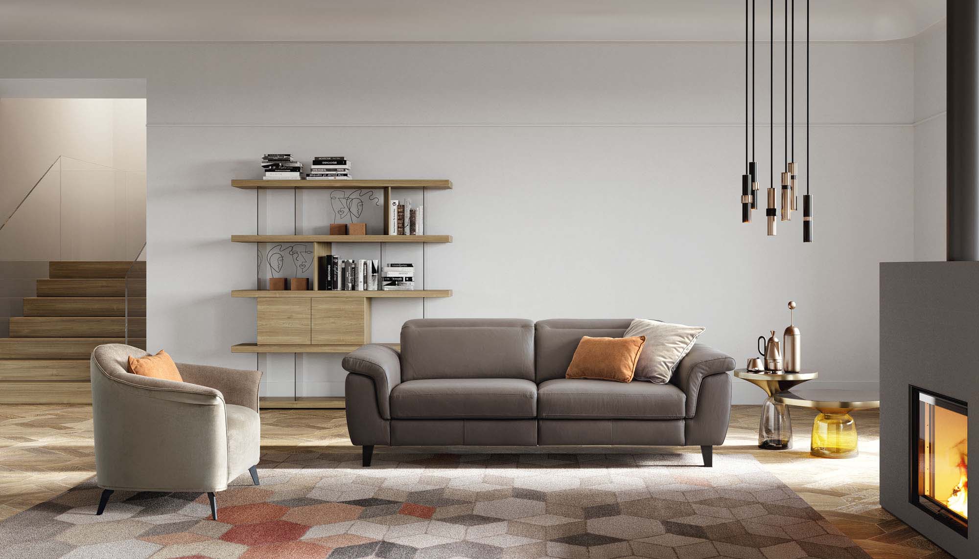 Classic two-seater brown leather sofa with adjustable headrests