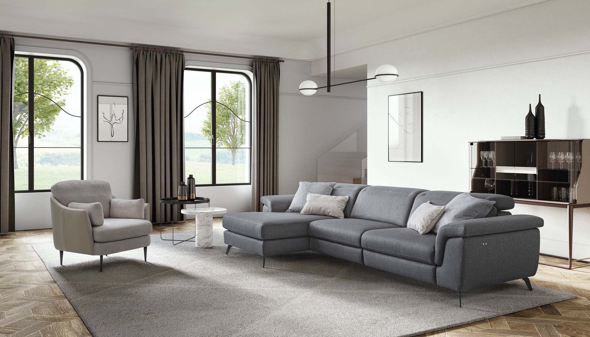 Living room furnished with a classic gray chaise lounge sofa.