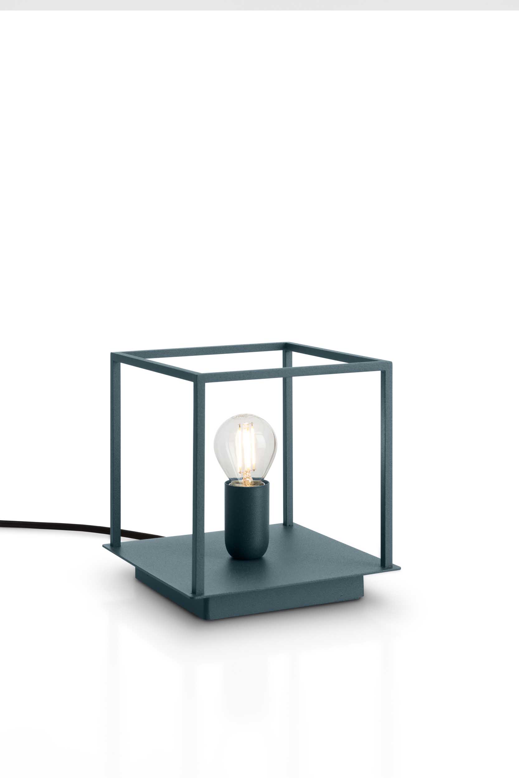 Link table lamp with cage design in Ocean Blue color.
