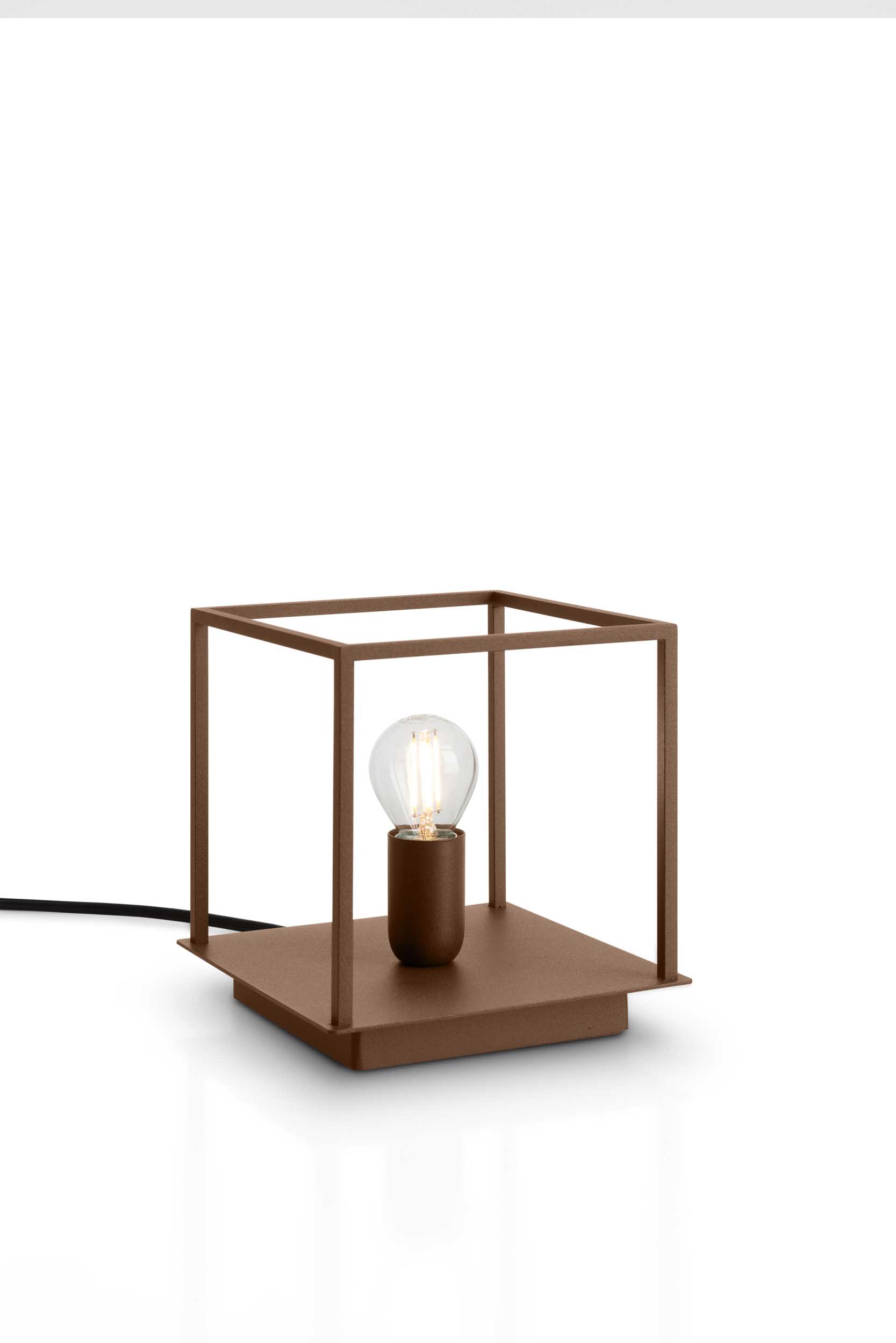 Link table lamp with cage design in Corten color