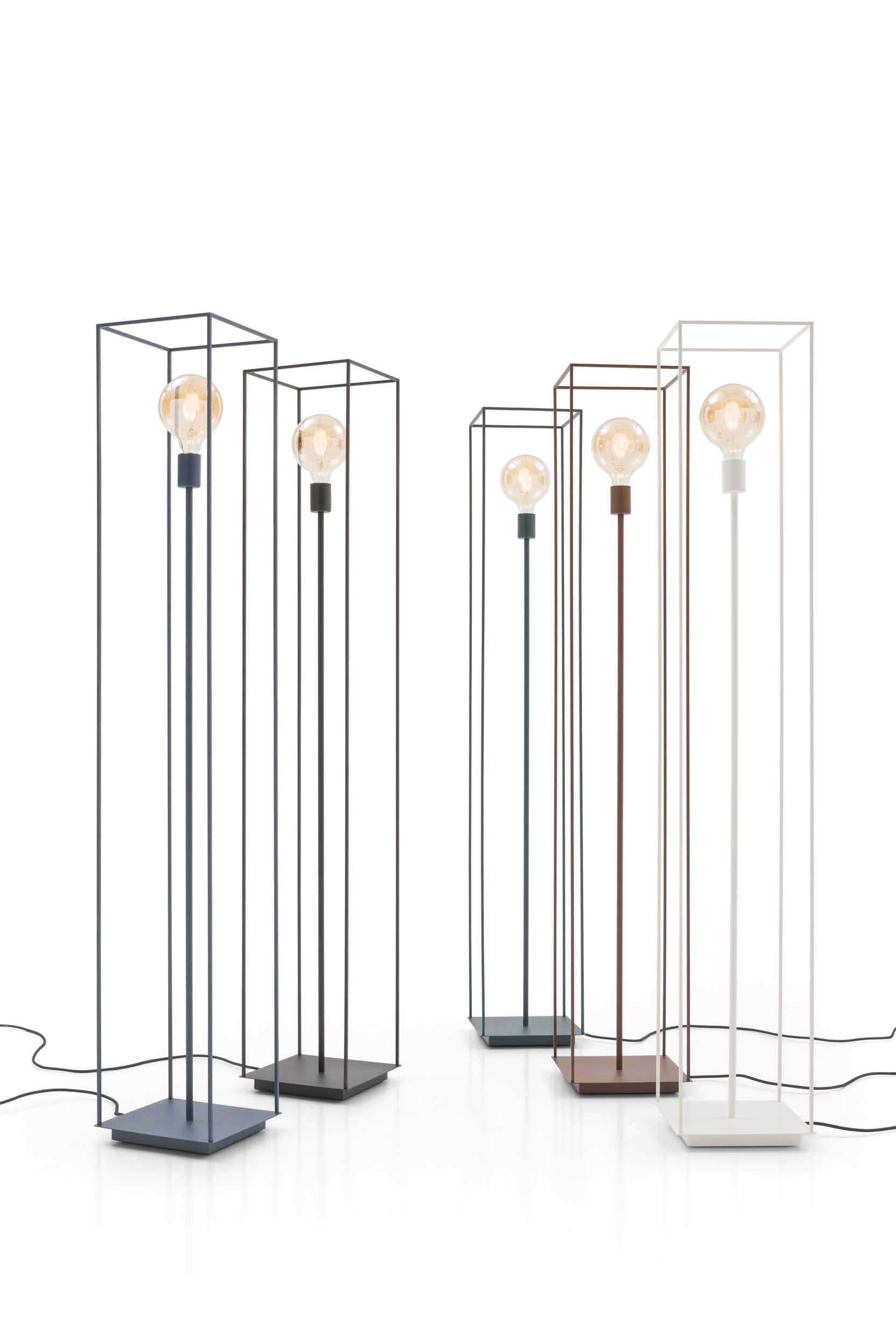 Various versions of cage-style floor lamps in different colors.