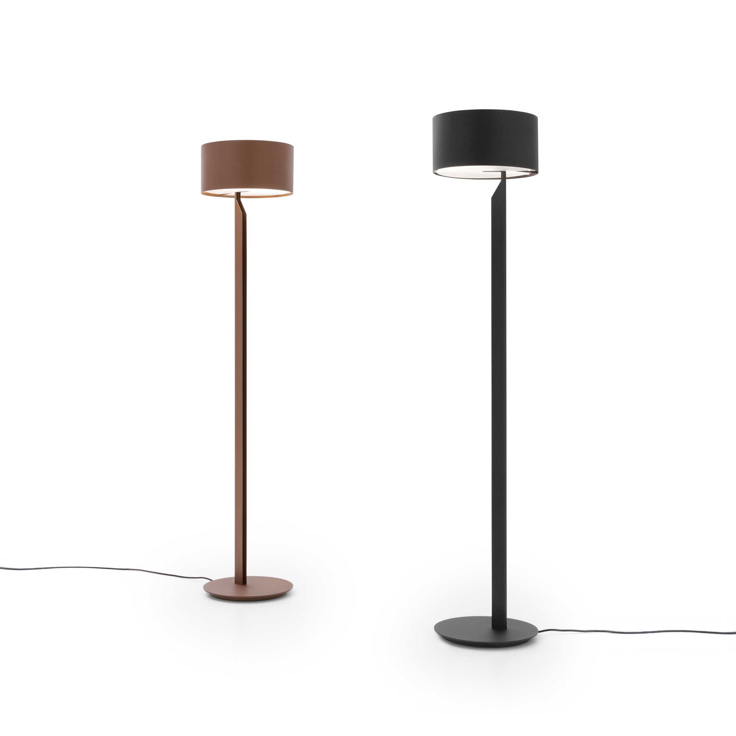 Two versions of a modern floor lamp: brown and black.